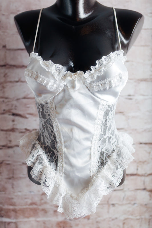 Vintage Frilly Satin Lace Teddy Bridal Lingerie White Medium