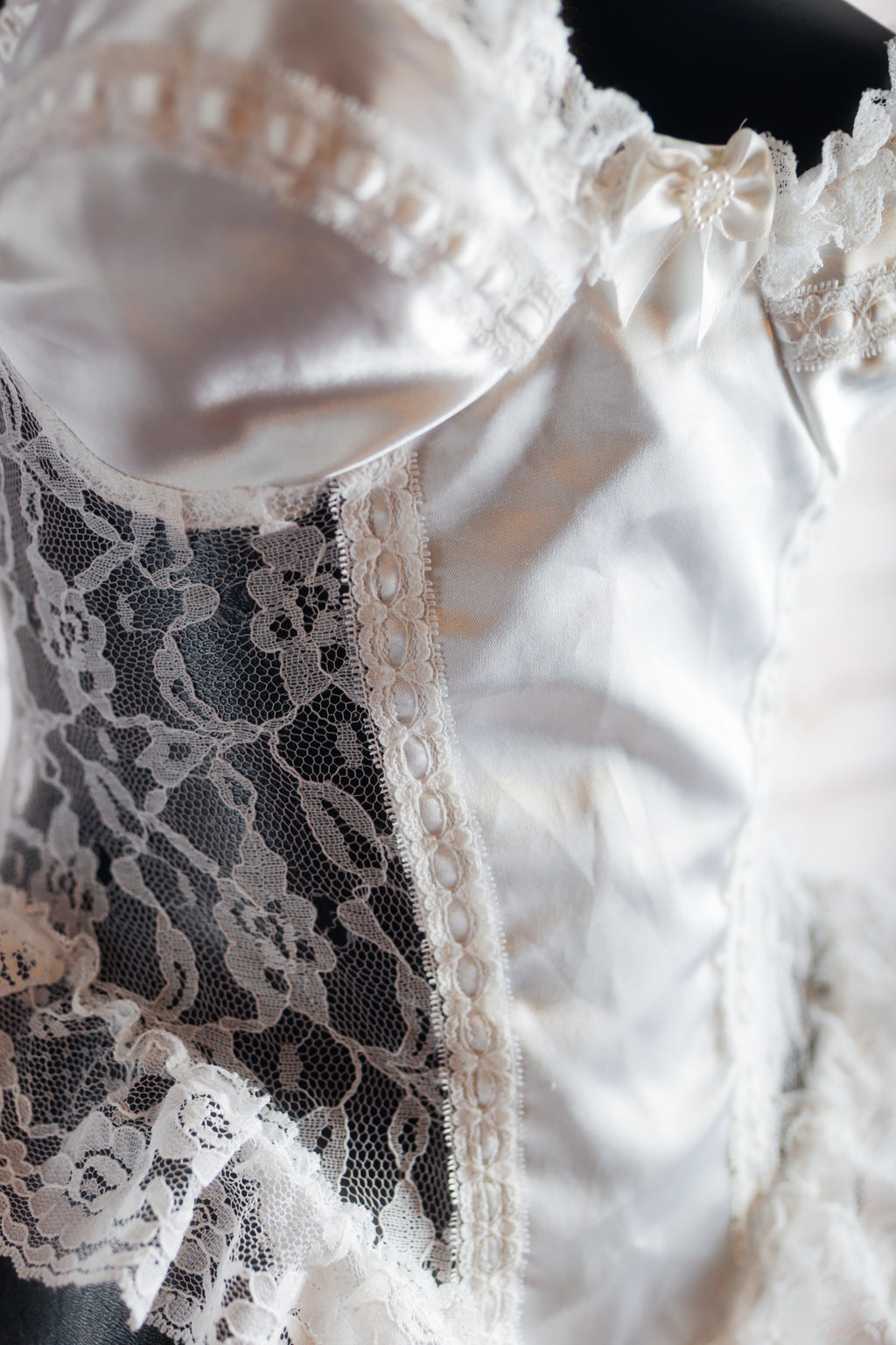 Vintage Frilly Satin Lace Teddy Bridal Lingerie White Medium