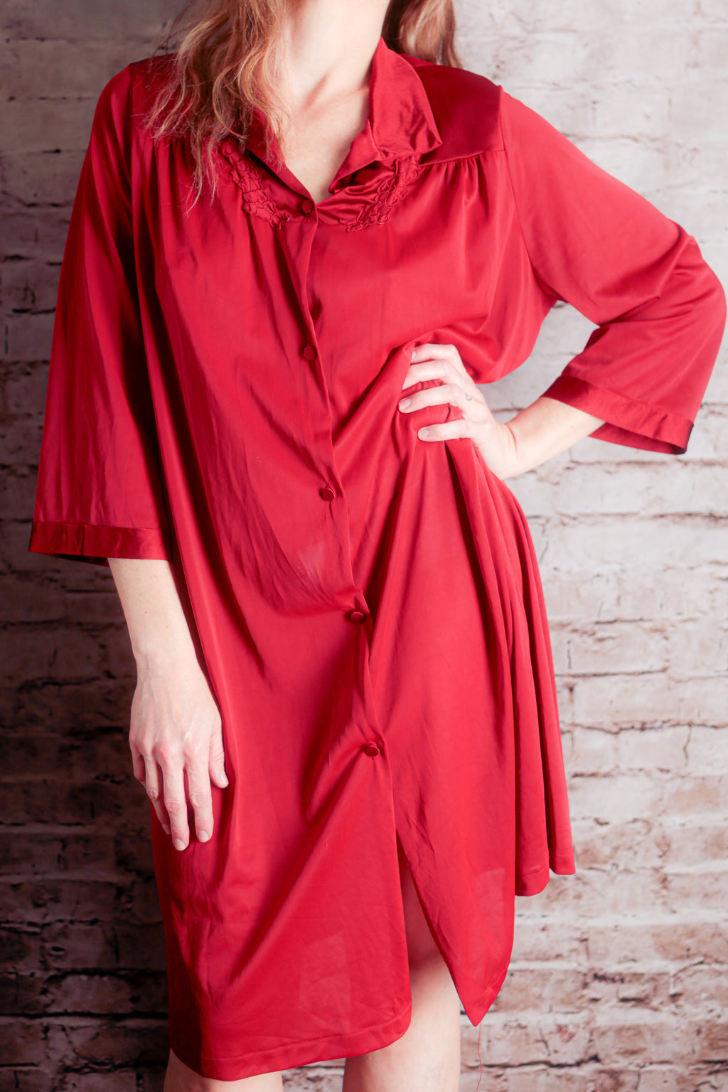 Vanity Fair Vintage Satin Embroidered Button Front Slip Peignoir Negligee Nightgown Large Red