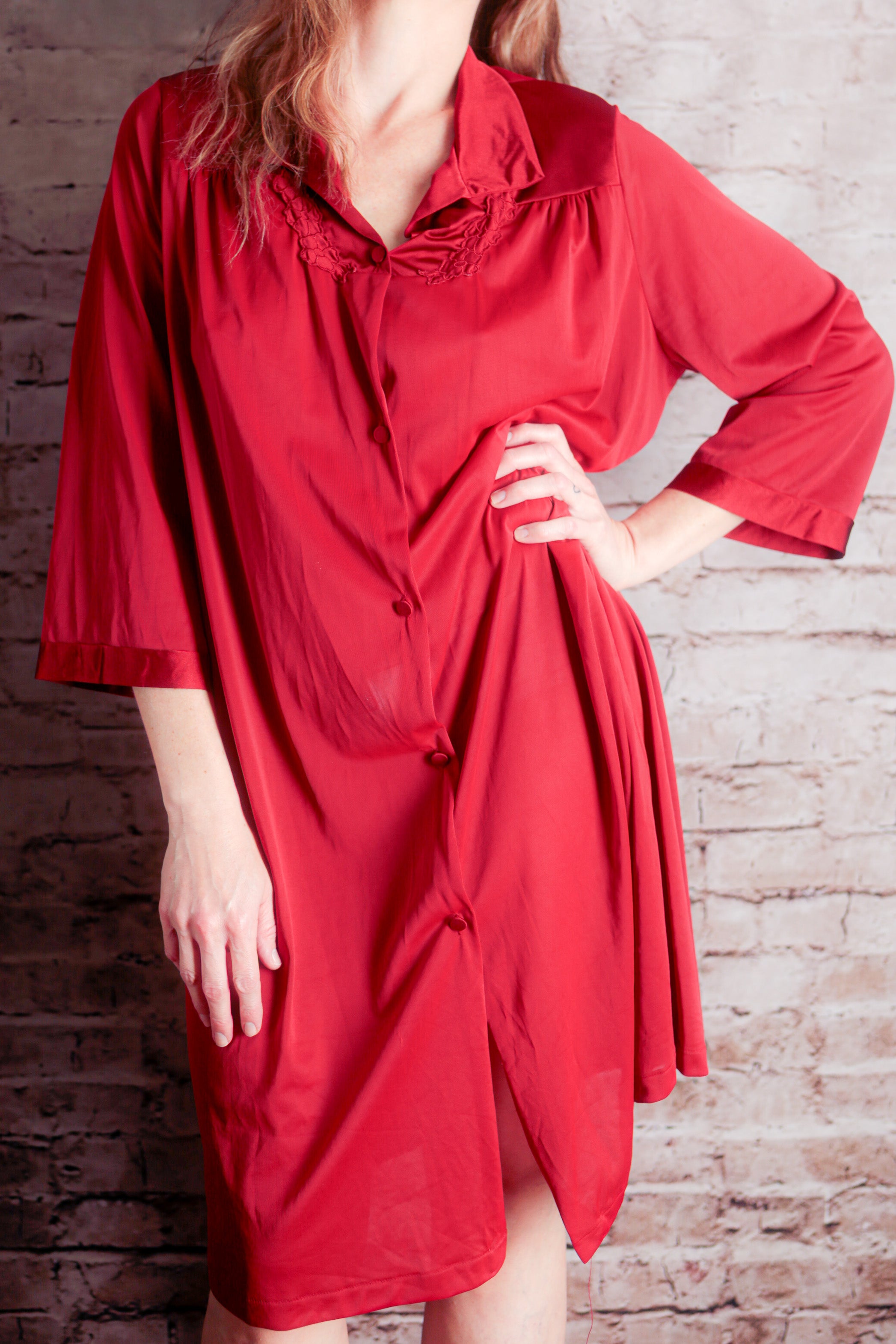 Vanity Fair Vintage Satin Embroidered Button Front Slip Peignoir Negligee Nightgown Large Red
