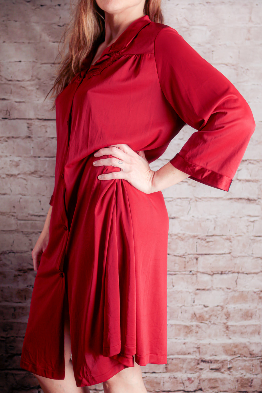 Vanity Fair Vintage Satin Embroidered Button Front Slip Peignoir Negligee Nightgown Large Red