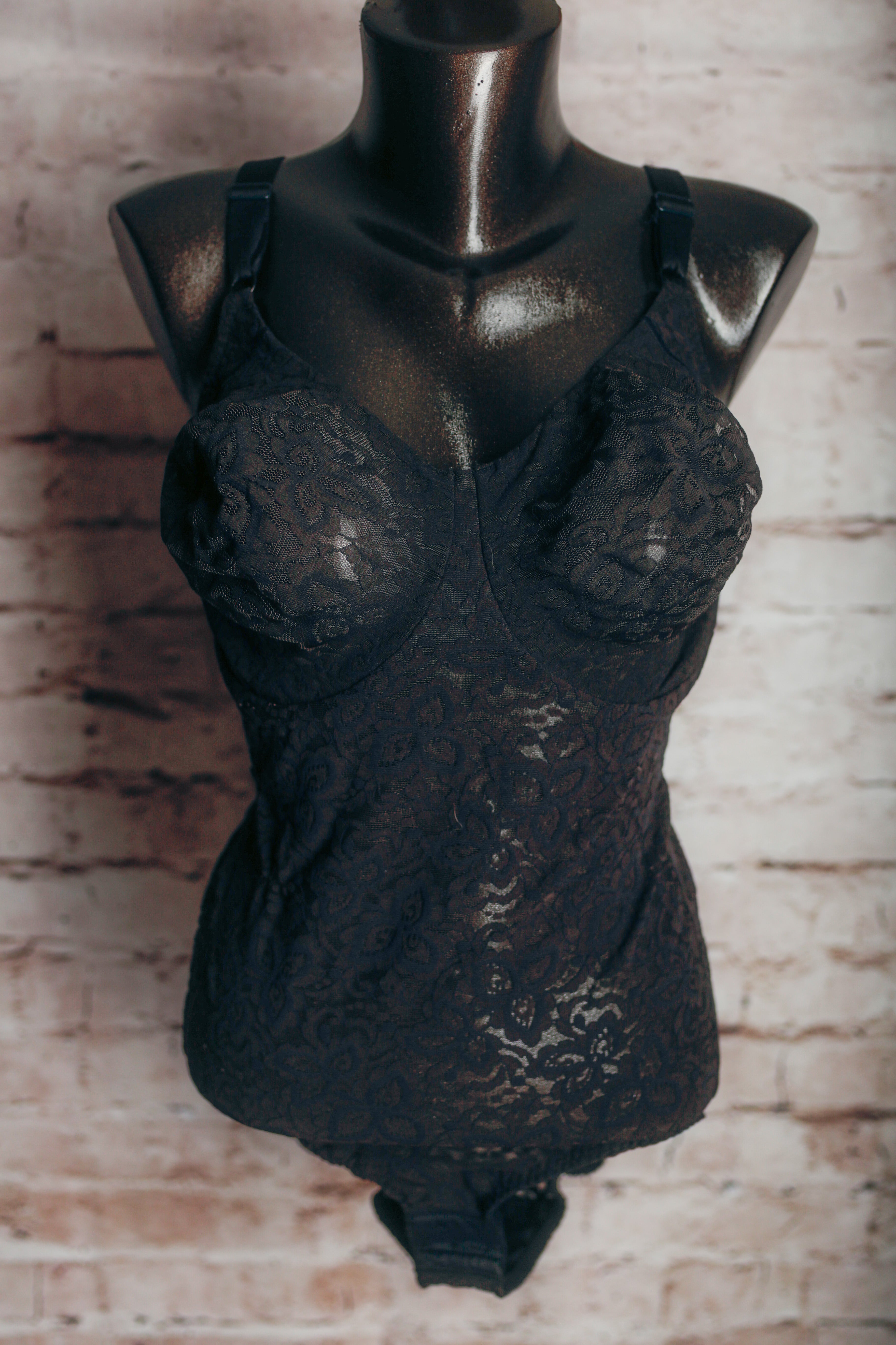 Bali 38DD Lace 'N Smooth Body Shaper Teddy Bodysuit Sheer Unlined Black