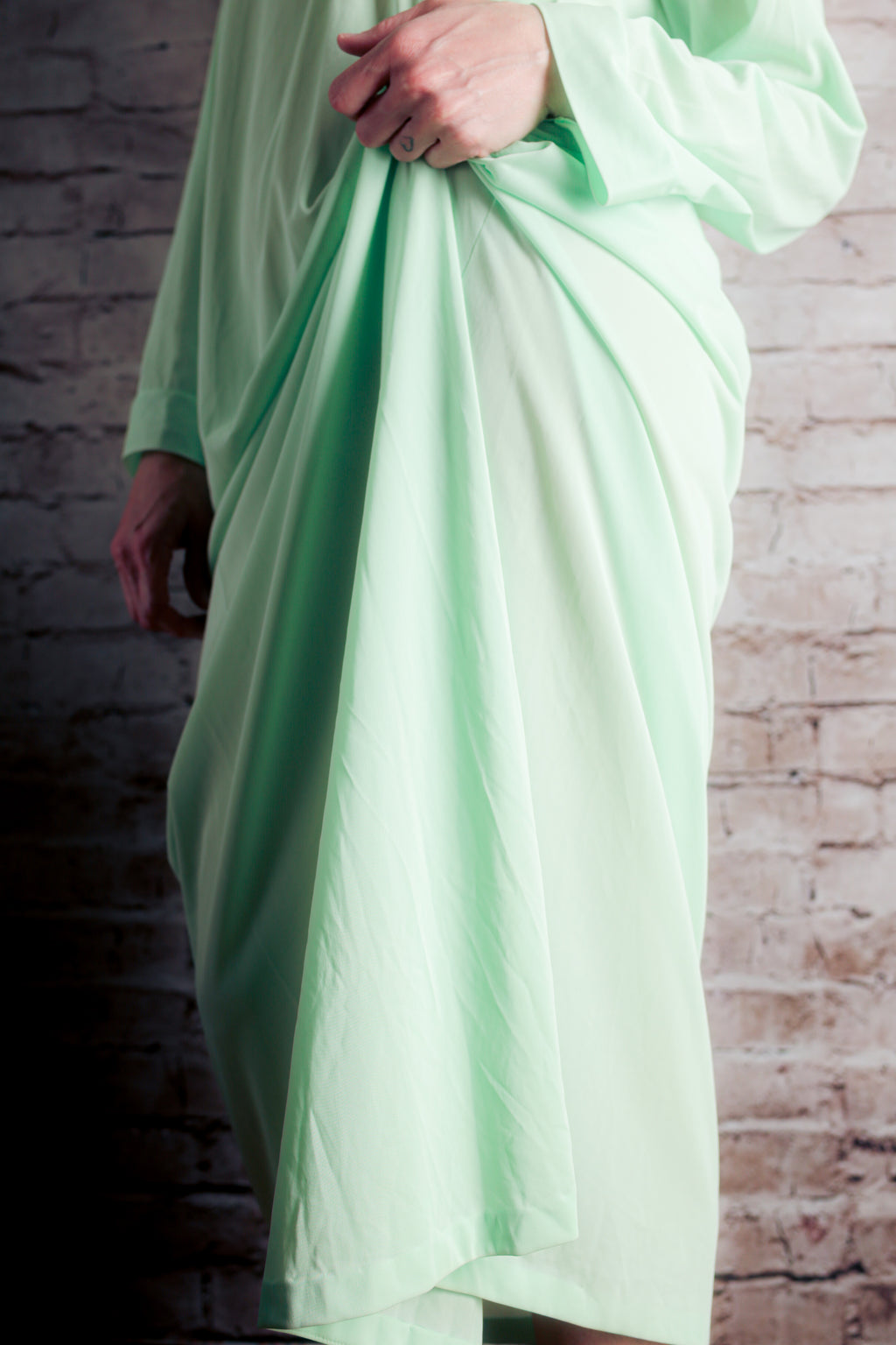 Sears Vintage 60s Satin Embroidered Button Slip Peignoir Negligee Nightgown Large Seafoam Green