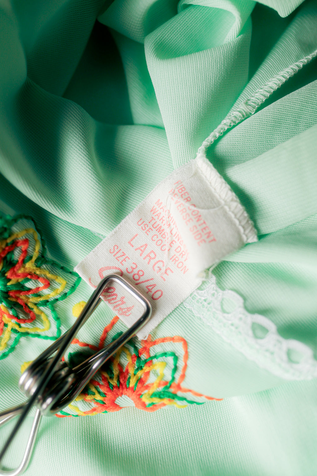 Sears Vintage 60s Satin Embroidered Button Slip Peignoir Negligee Nightgown Large Seafoam Green