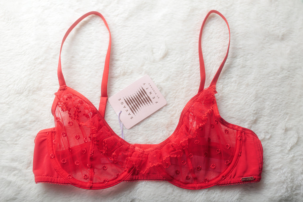 Savage X Fenty 34C Sheer Unlined Lace Balconette Bra Red NEW