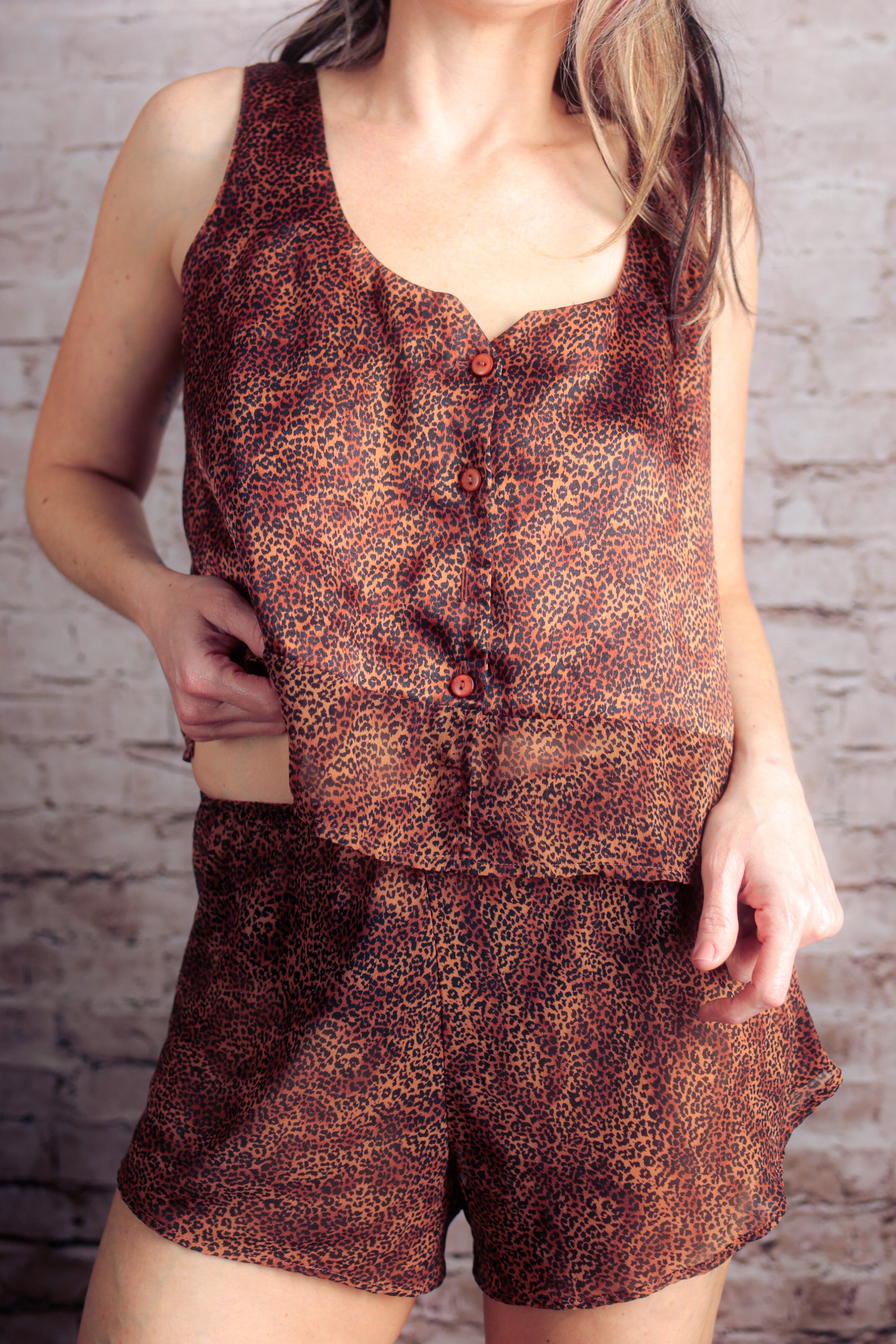 Victoria's Secret Vintage 90s Satin Sleep Top Shorts Set Leopard Cheetah Print Medium