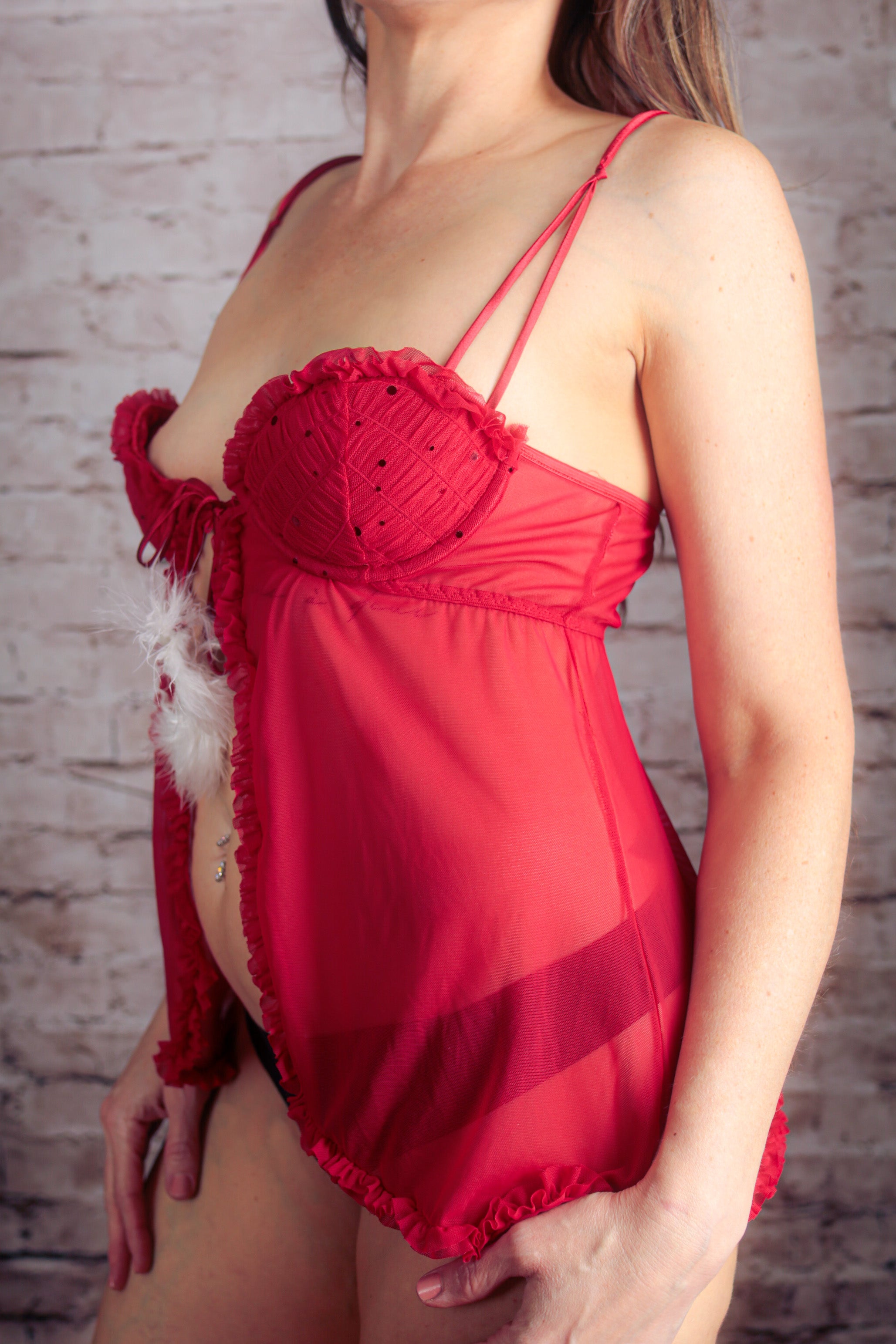 Cinema Etoile Sectivewear Vintage Open Front Pompom Chemise Babydoll Lingerie Red Large