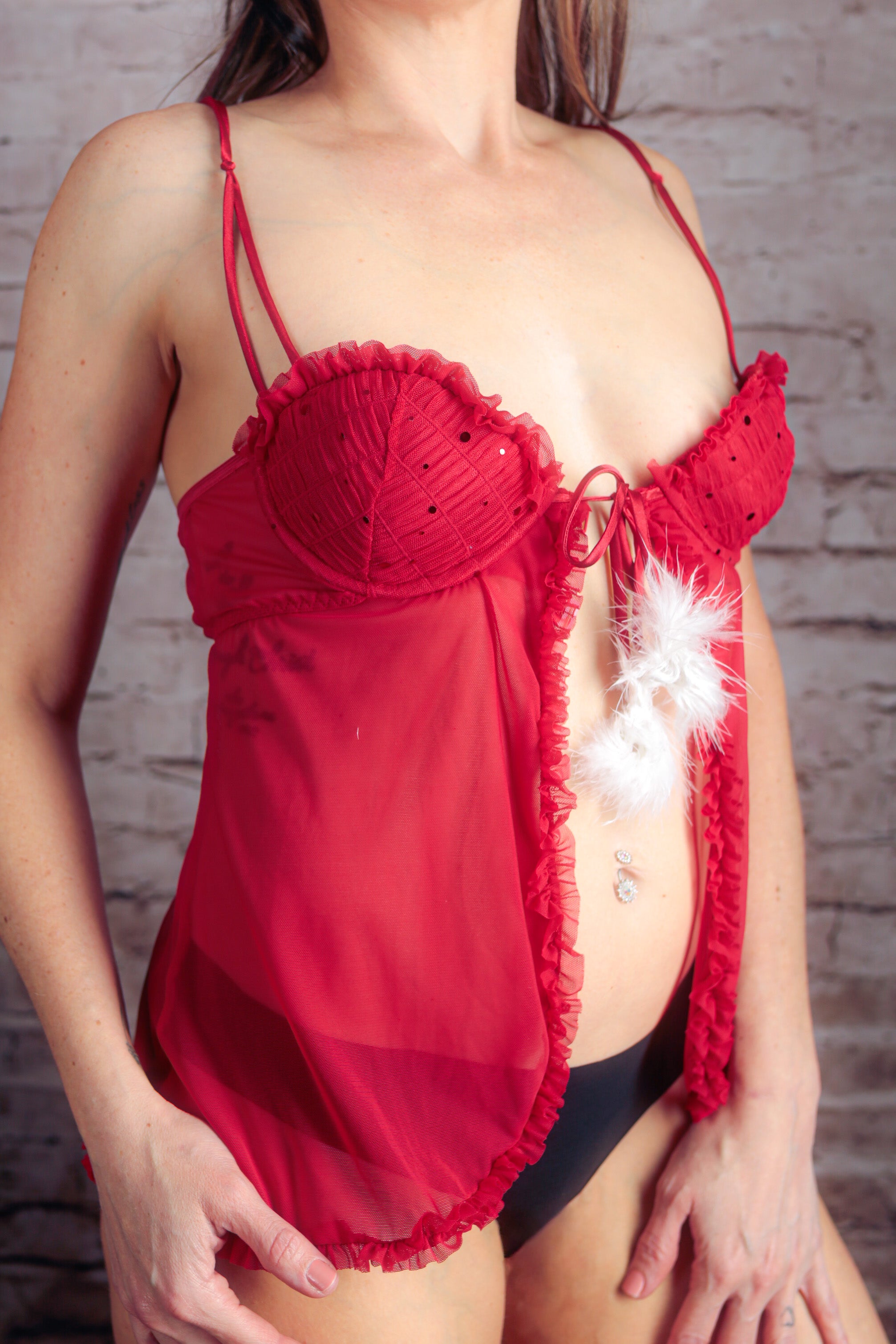 Cinema Etoile Sectivewear Vintage Open Front Pompom Chemise Babydoll Lingerie Red Large