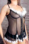 Shirley of Hollywood Vintage Open Front Sheer Mesh Feather Trim Chemise Babydoll Lingerie Black Large