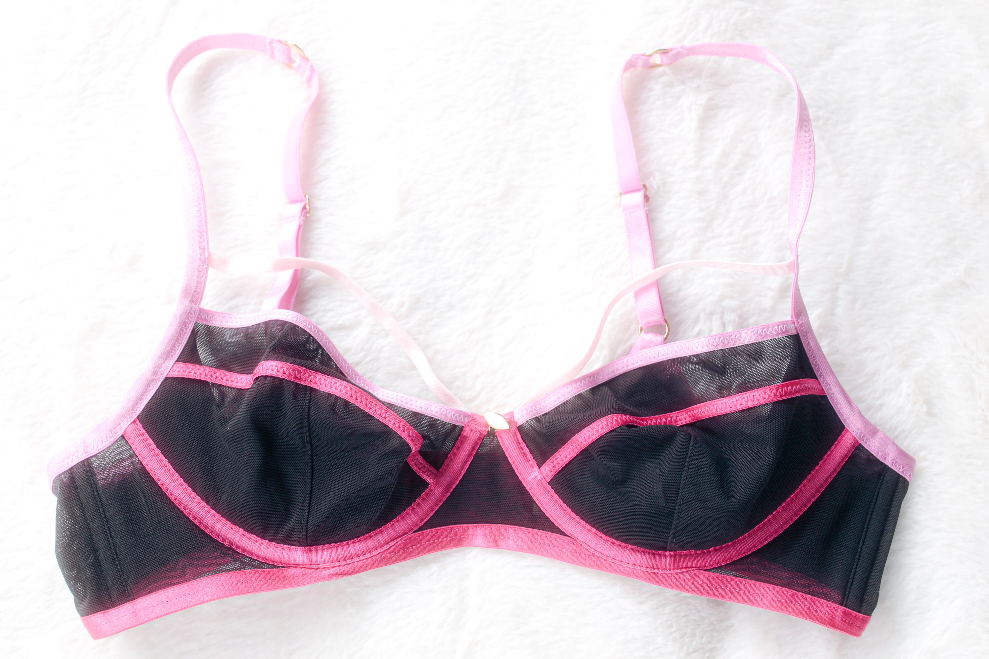 Sofia Intimates 34B Unlined Sheer Strappy Mesh Underwire Bra Black Pink