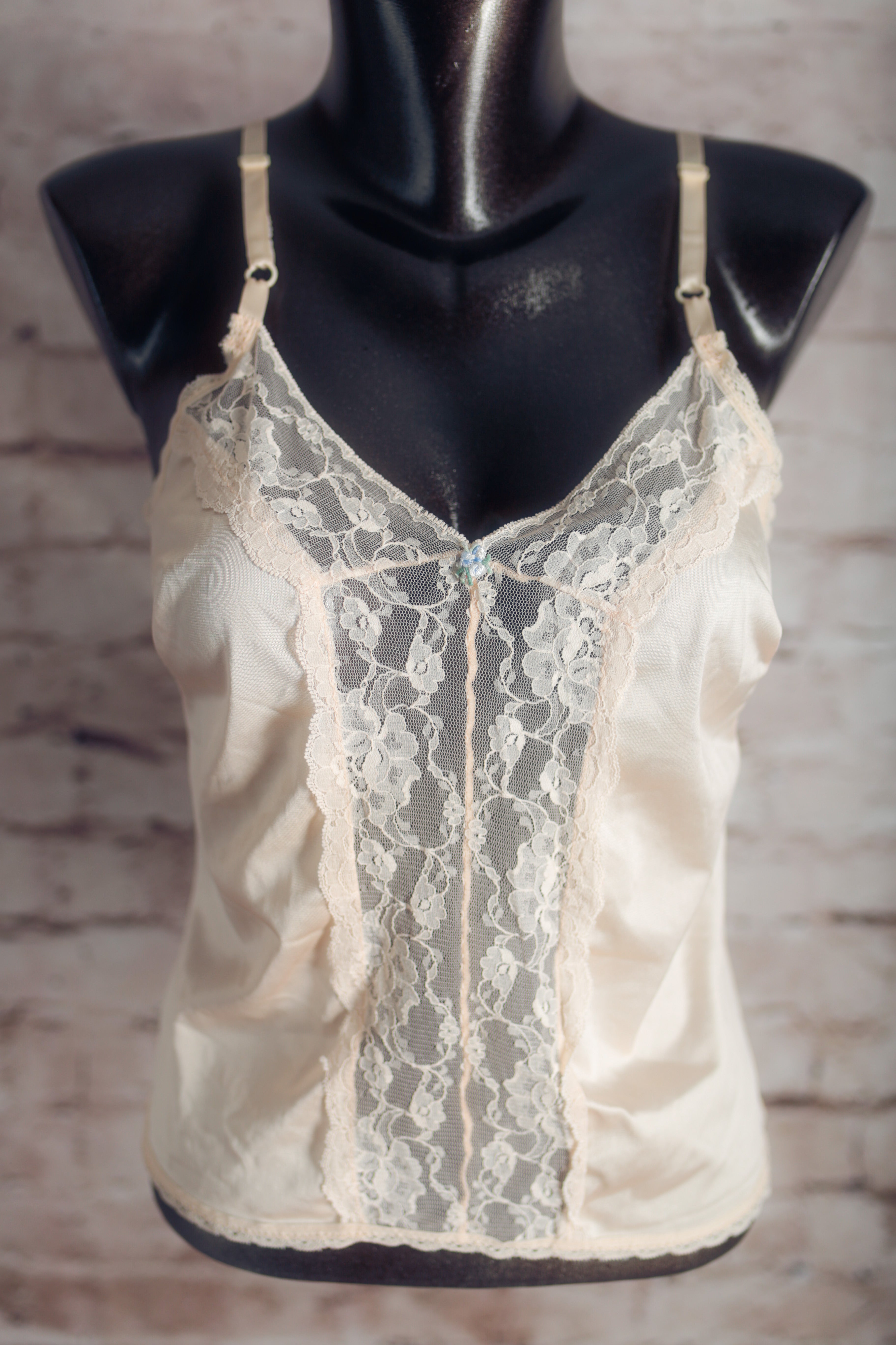 Vintage Pink Satin and Sheer Lace Camisole Chemise Small