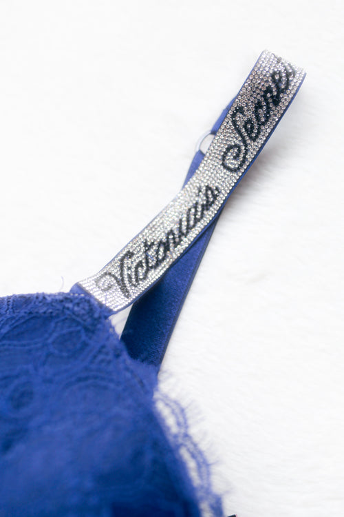 Victoria’s Secret 34DDD Very Sexy Push Up Cursive Rhinestone Shine Strap Bra Blue