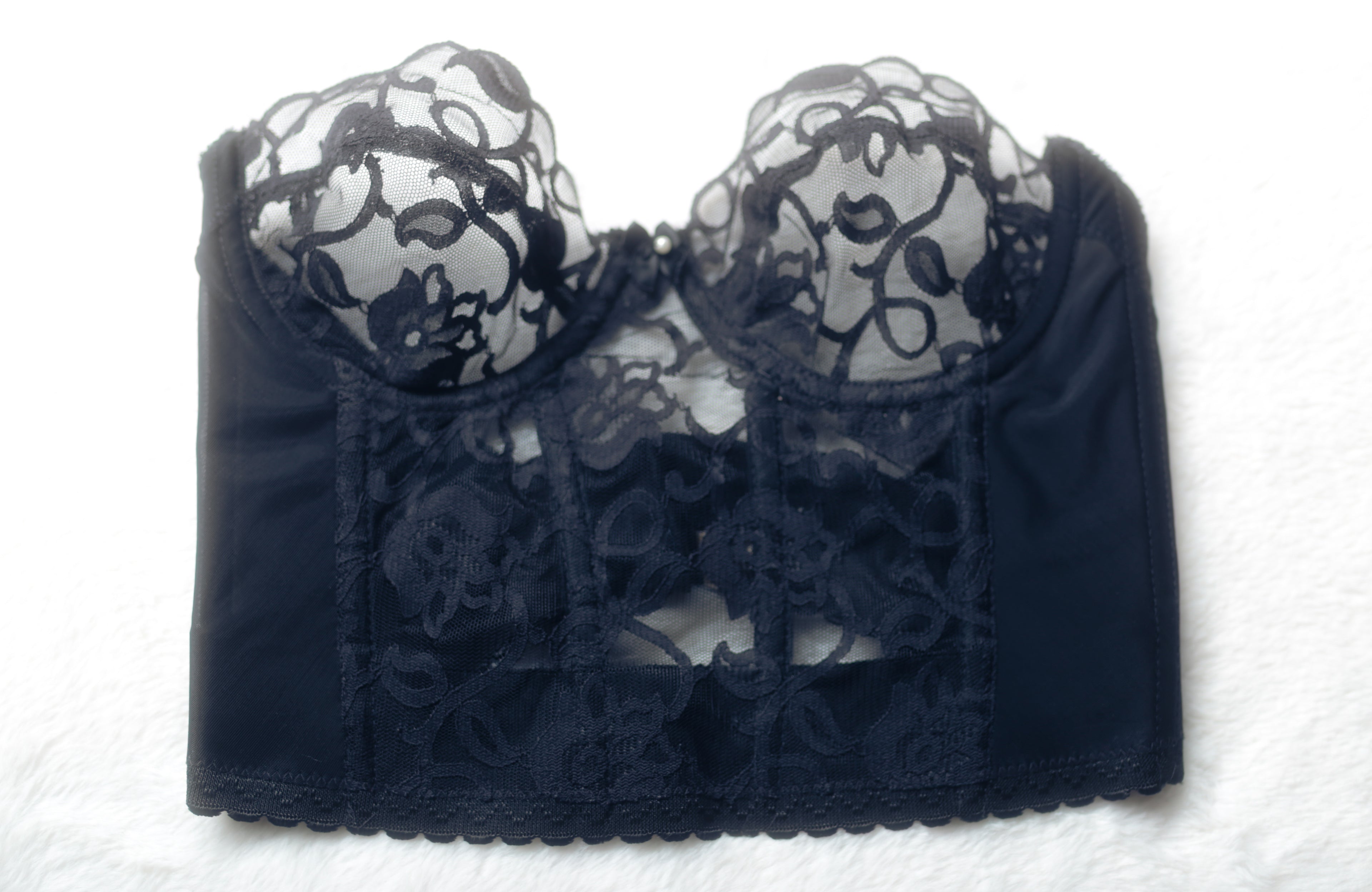 Victoria's Secret Vintage Gold Tag 34B Unlined Sheer Lace Basque Corset Bustier Bra Black