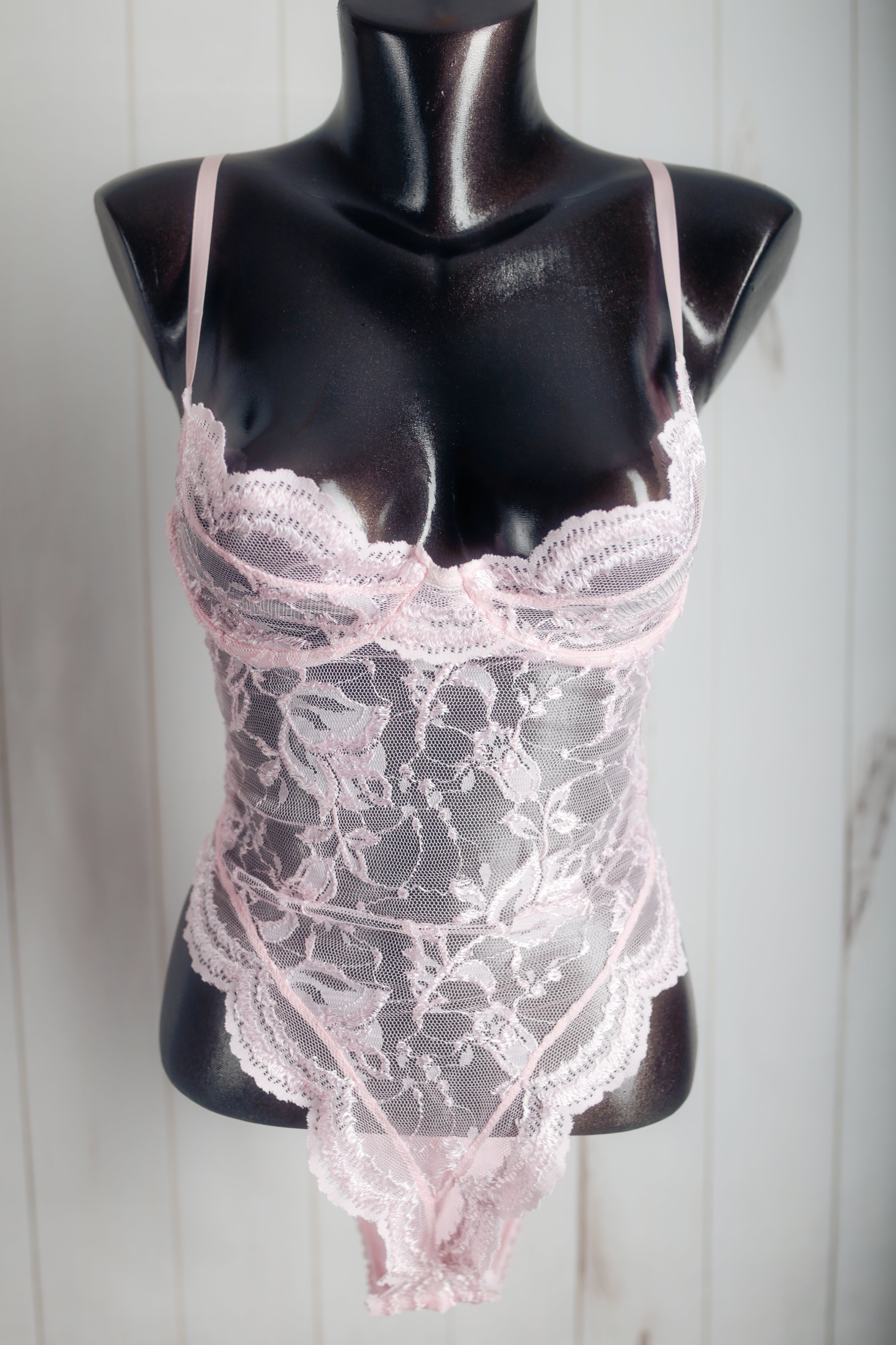 Faris Sheer Lace Mesh Coquette Teddy Lingerie Medium Pink