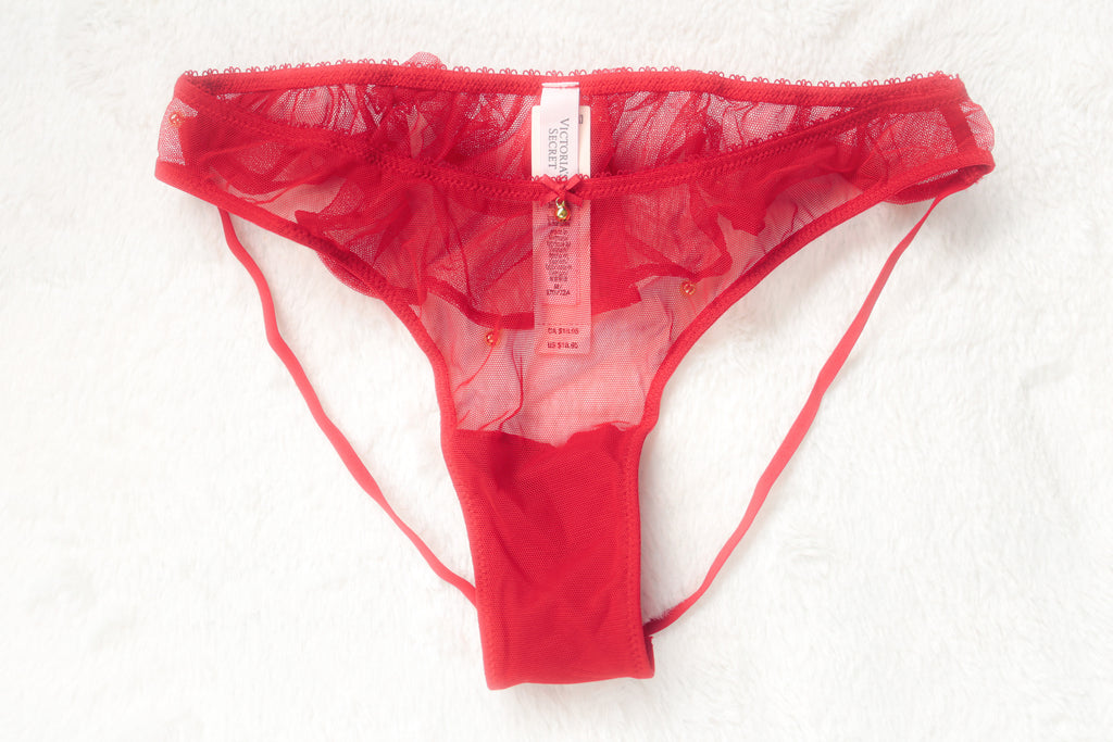 Victoria's Secret Very Sexy Jingle Belle Ruffled Mesh Open Back Brazilian Panty Medium Red NEW