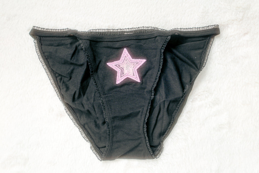 PINK Cotton String Bikini Panty Star Peekaboo Patch Medium Black NEW