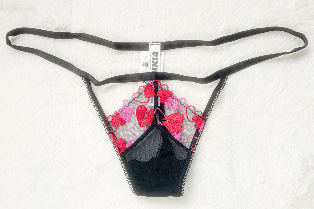 PINK Wink V-string Thong Panty Small Black Red NEW