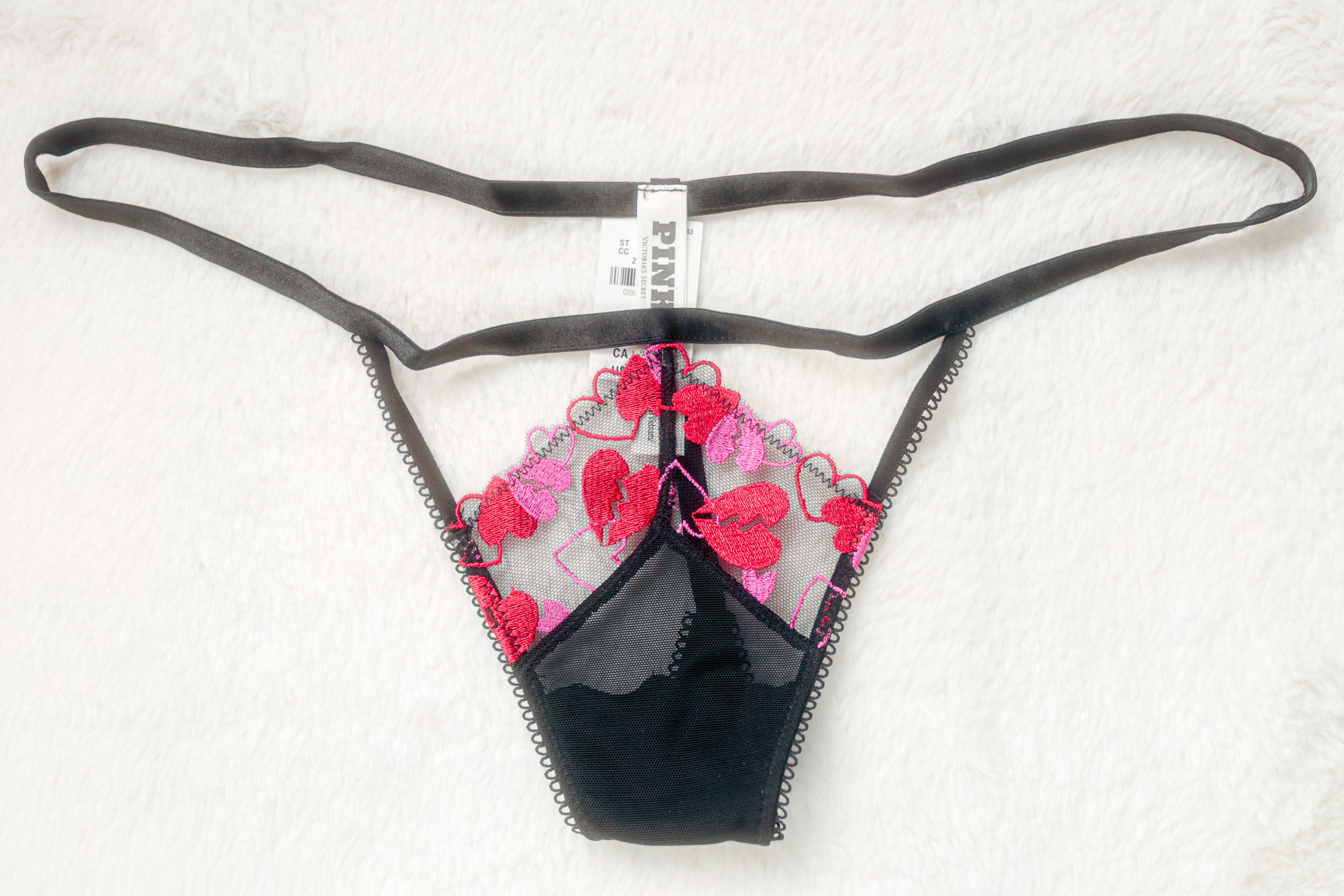 PINK Wink V-string Thong Panty Small Black Red NEW