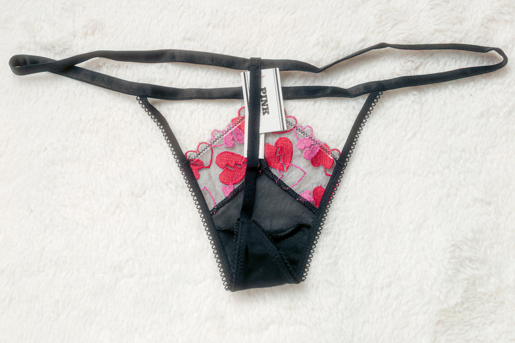 PINK Wink V-string Thong Panty Small Black Red NEW