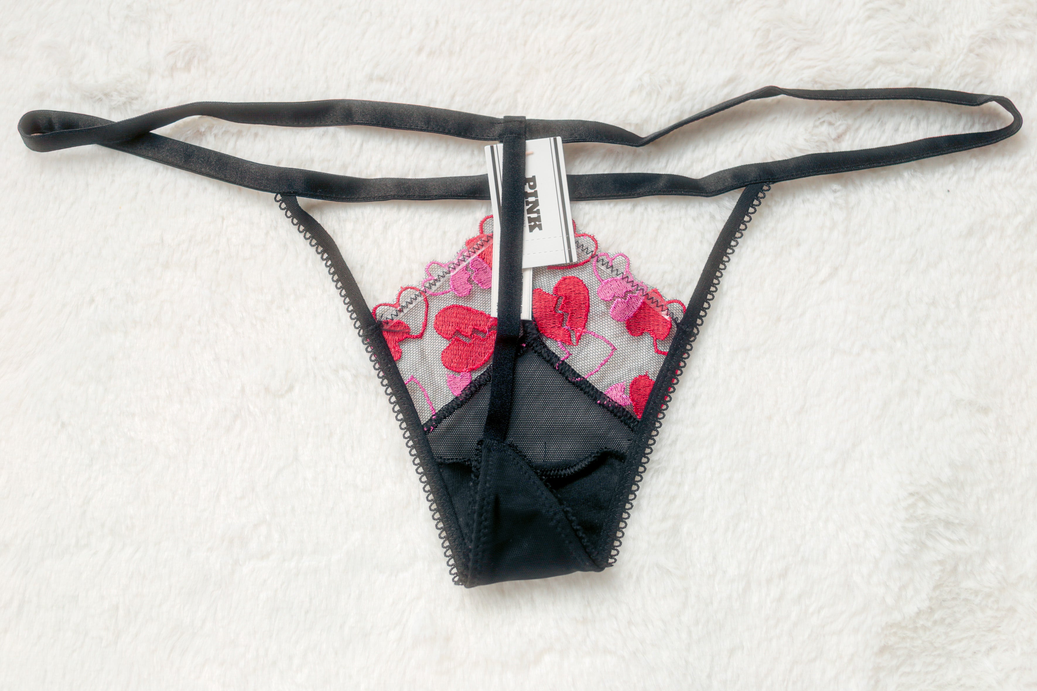 PINK Wink V-string Thong Panty Small Black Red NEW