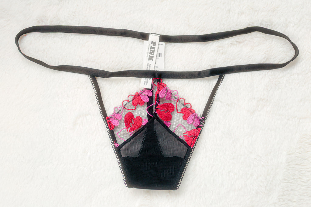 PINK Wink V-string Thong Panty Medium Black Red NEW