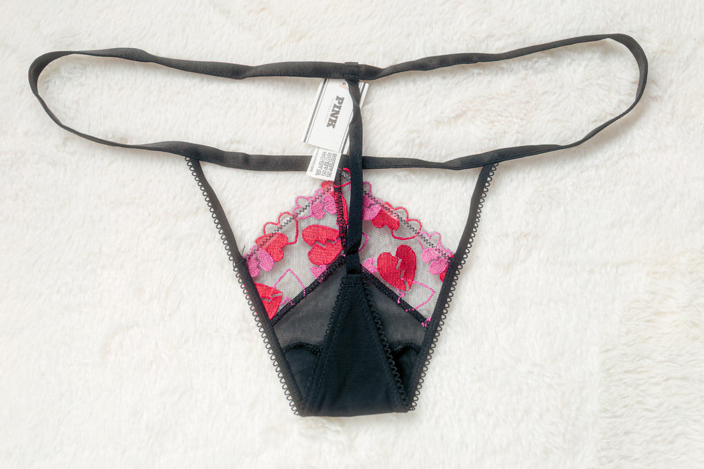 PINK Wink V-string Thong Panty Medium Black Red NEW