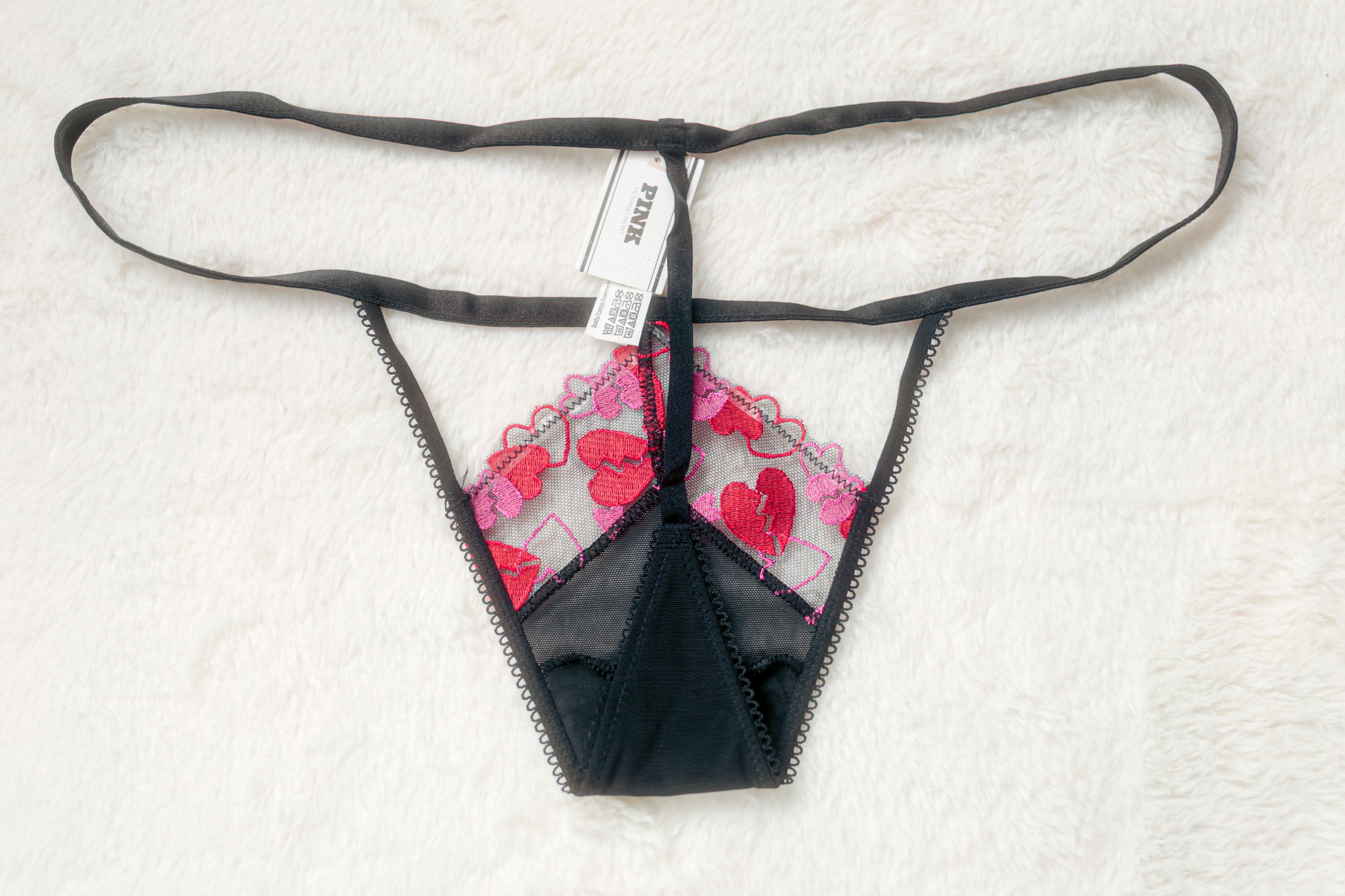 PINK Wink V-string Thong Panty Medium Black Red NEW