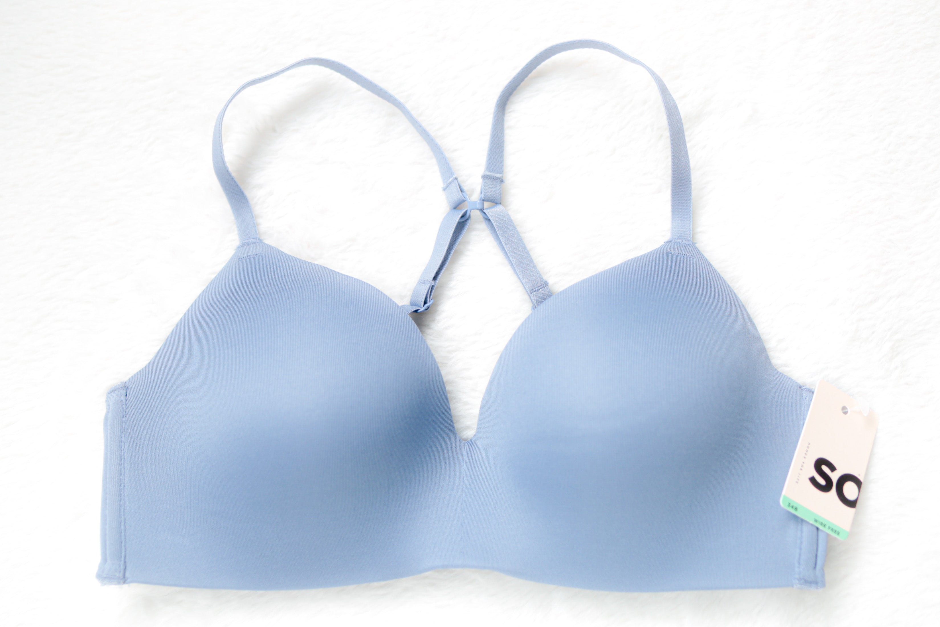 SO 34B Wireless Seamless Smooth J-hook Crossback T-shirt Bra Blue NEW