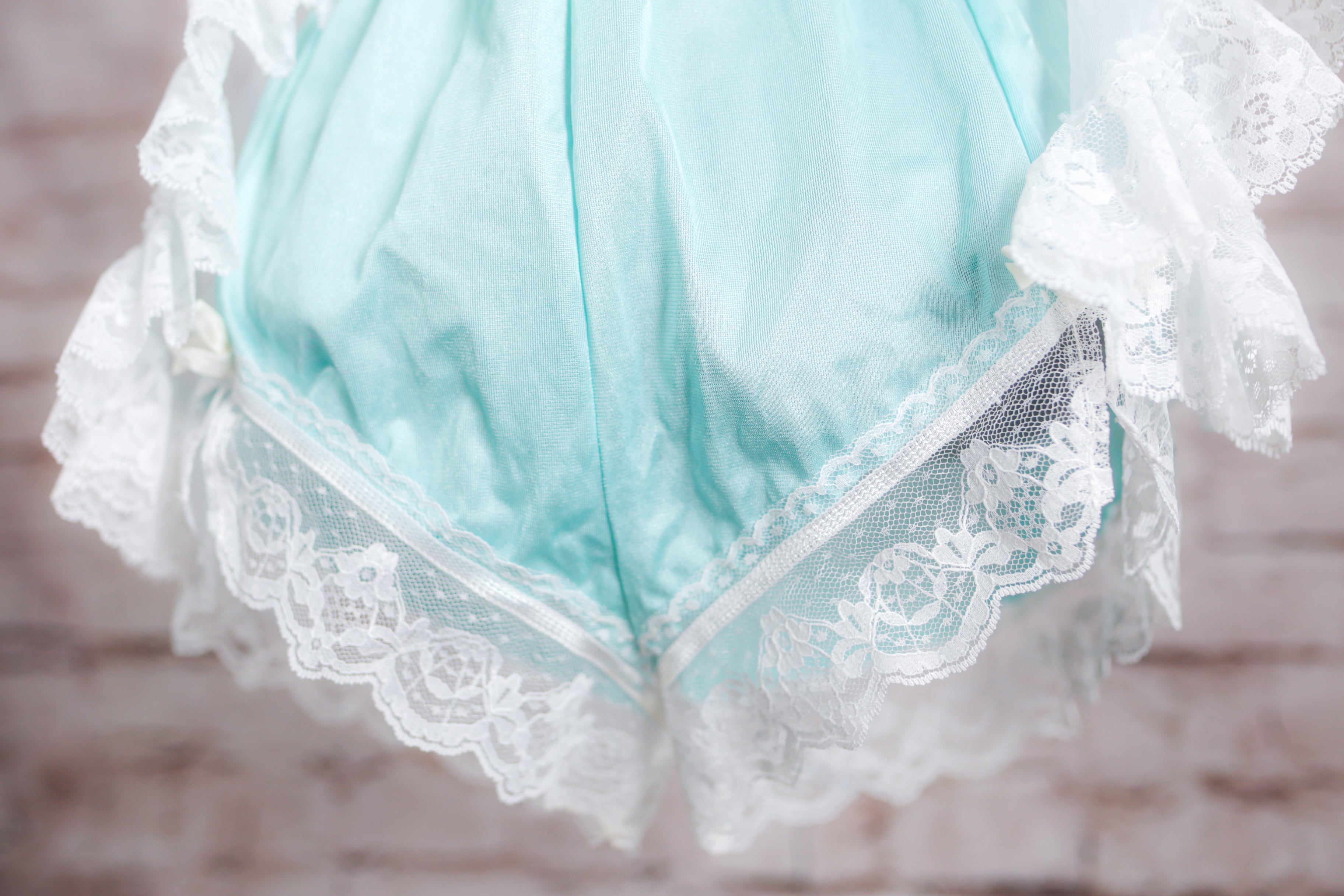 Glencraft Vintage Green Satin Lace Brief Panties and Sheer Mesh Vest Set Small