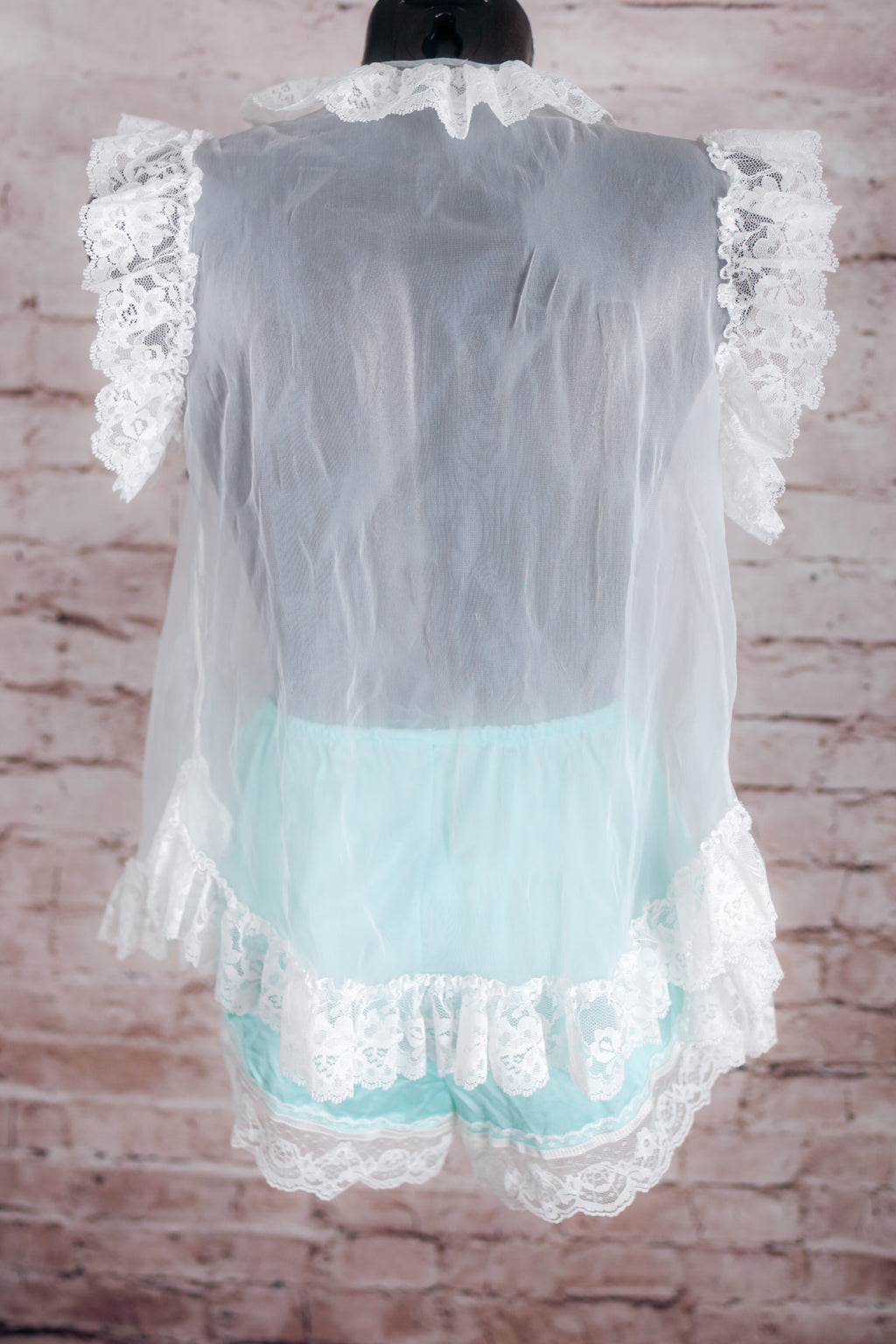 Glencraft Vintage Green Satin Lace Brief Panties and Sheer Mesh Vest Set Small