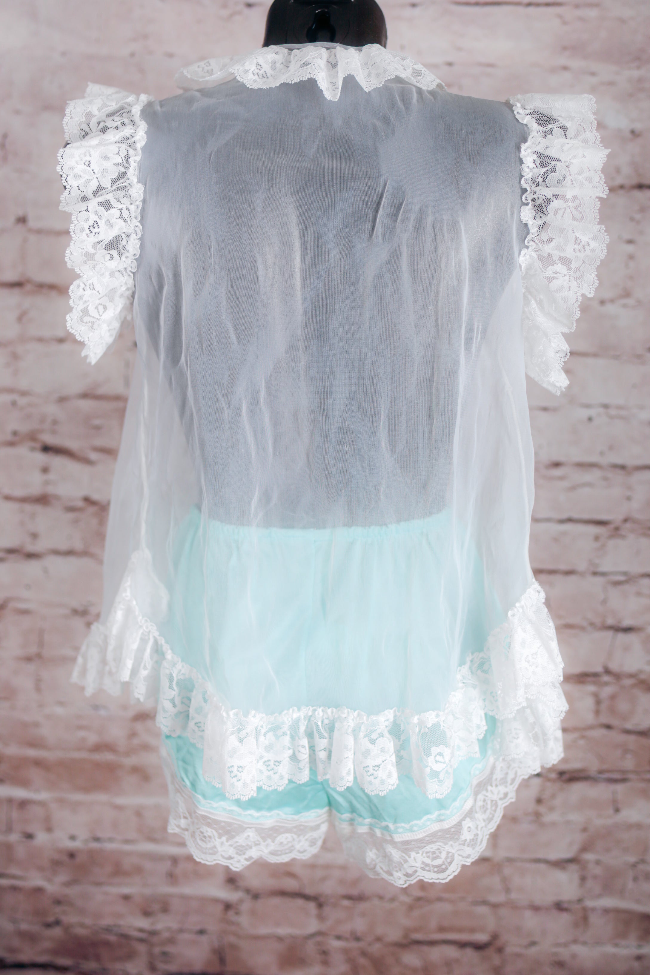 Glencraft Vintage Green Satin Lace Brief Panties and Sheer Mesh Vest Set Small