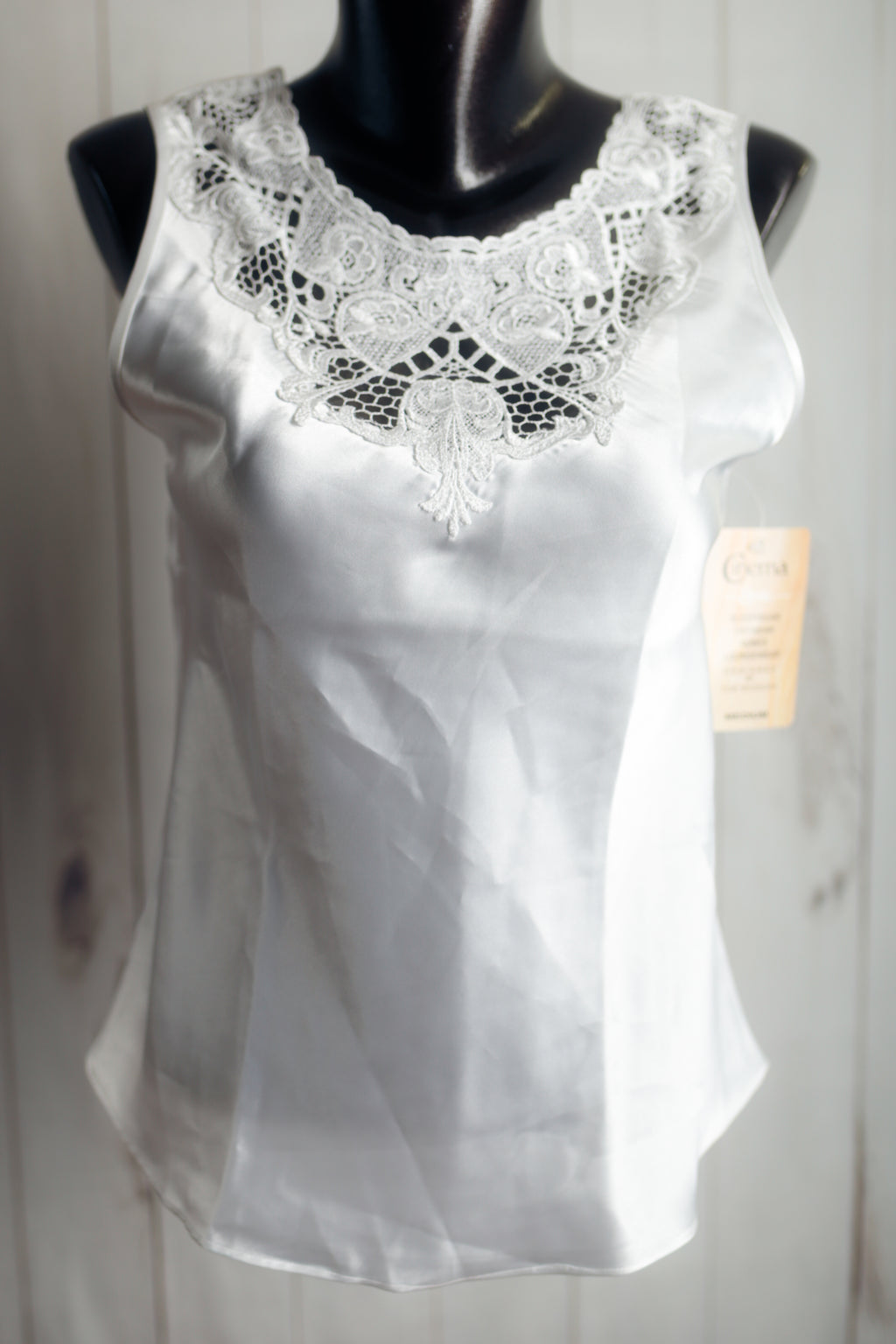 Cinema Etoile Eyelet Cami Chemise Lingerie White Satin and Lace Medium NEW