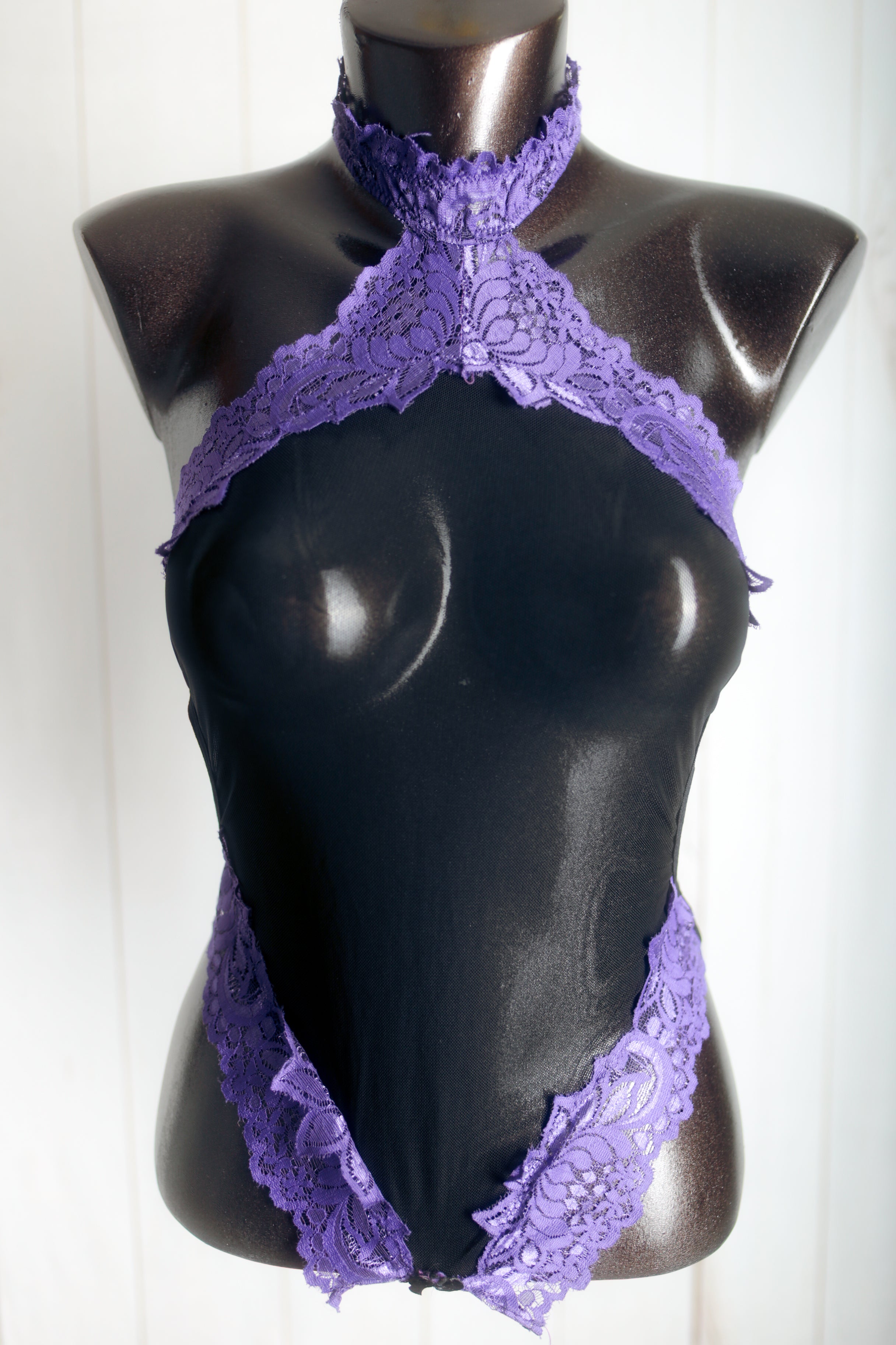 Sheer Mesh and Lace Choker Halter Bodysuit Teddy Medium