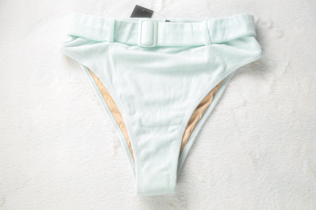 Forplay Cayman Belted Terry Cloth Bikini Swim Bottom Underwear Large Light Blue