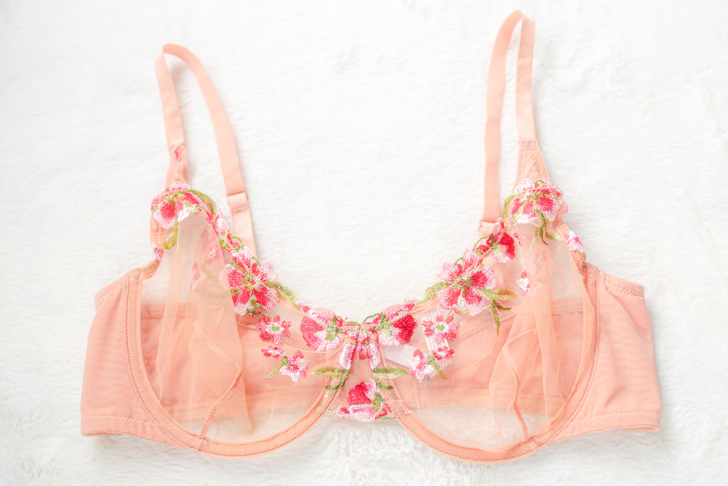 Adore Me Unlined Sheer Embroidered Floral Mesh Fairy Balconette Bra Beige 38C