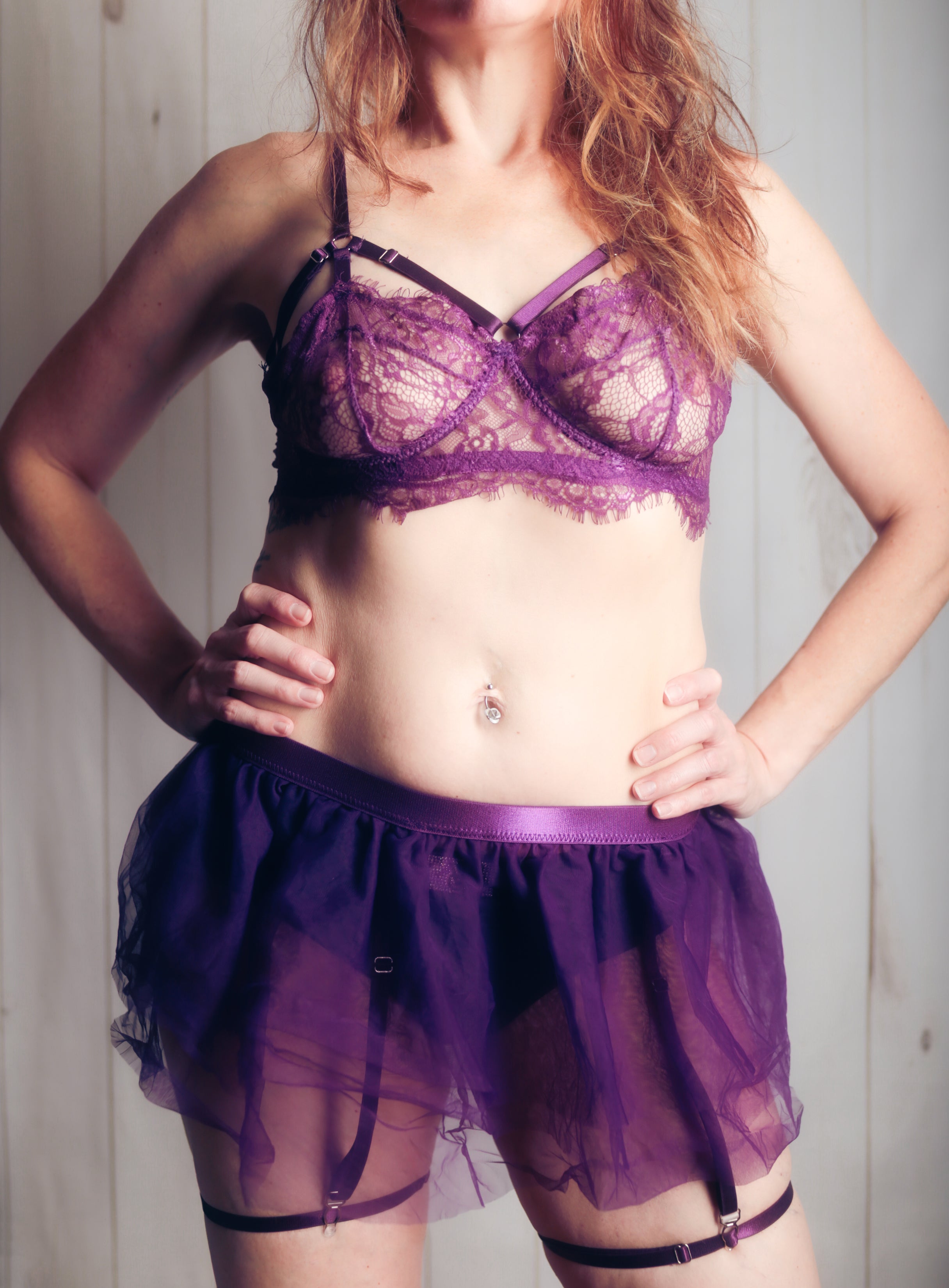 Avidlove Sheer Unlined Lace Bra and Skirt Garter Suspenders Set Purple Large