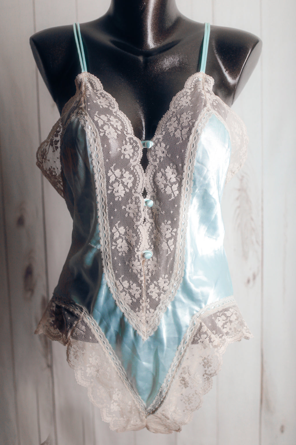 Val Mode Vintage Victorian French Maid Satin Lace Teddy Lingerie Blue Medium