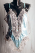 Val Mode Vintage Victorian French Maid Satin Lace Teddy Lingerie Blue Medium