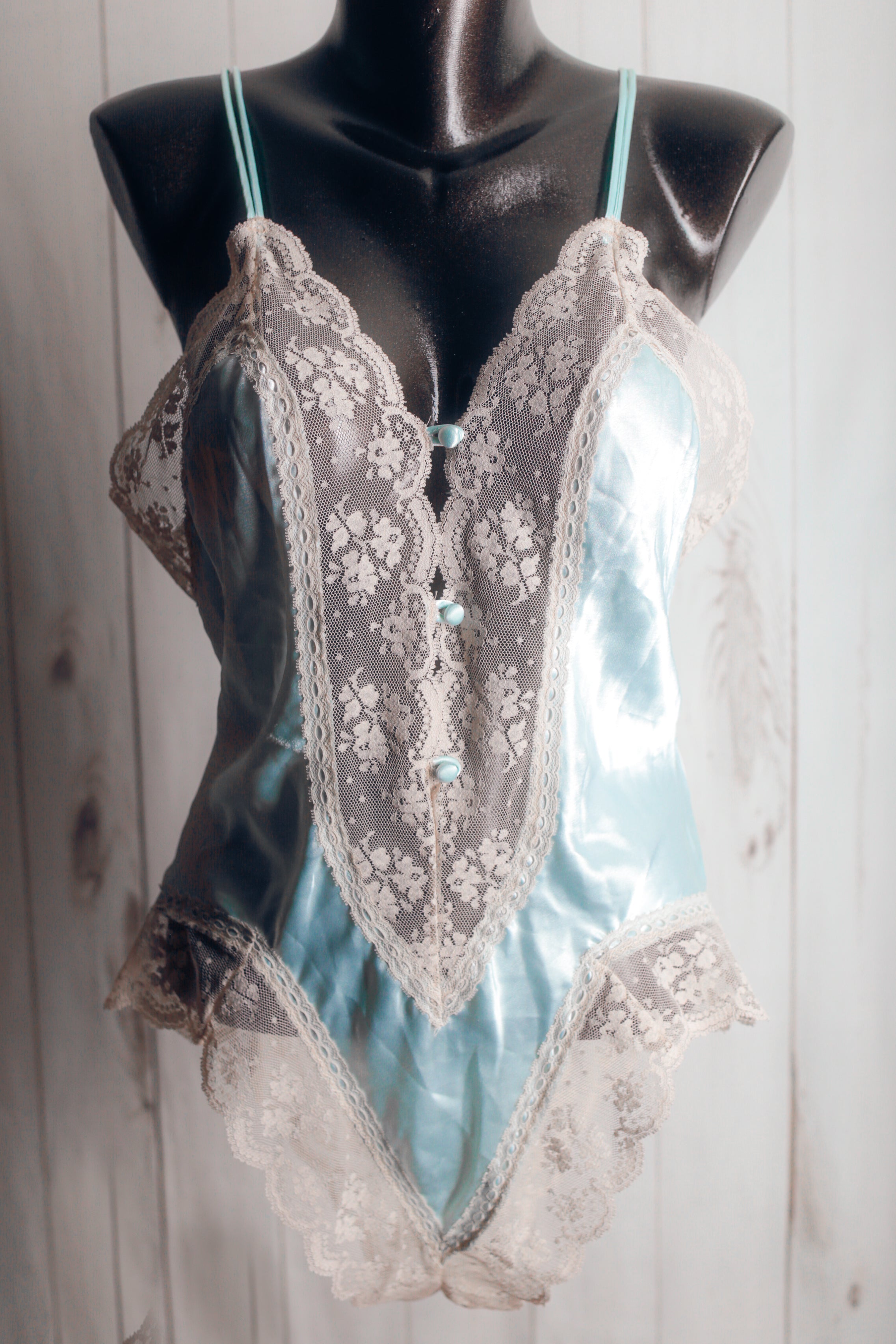 Val Mode Vintage Victorian French Maid Satin Lace Teddy Lingerie Blue Medium