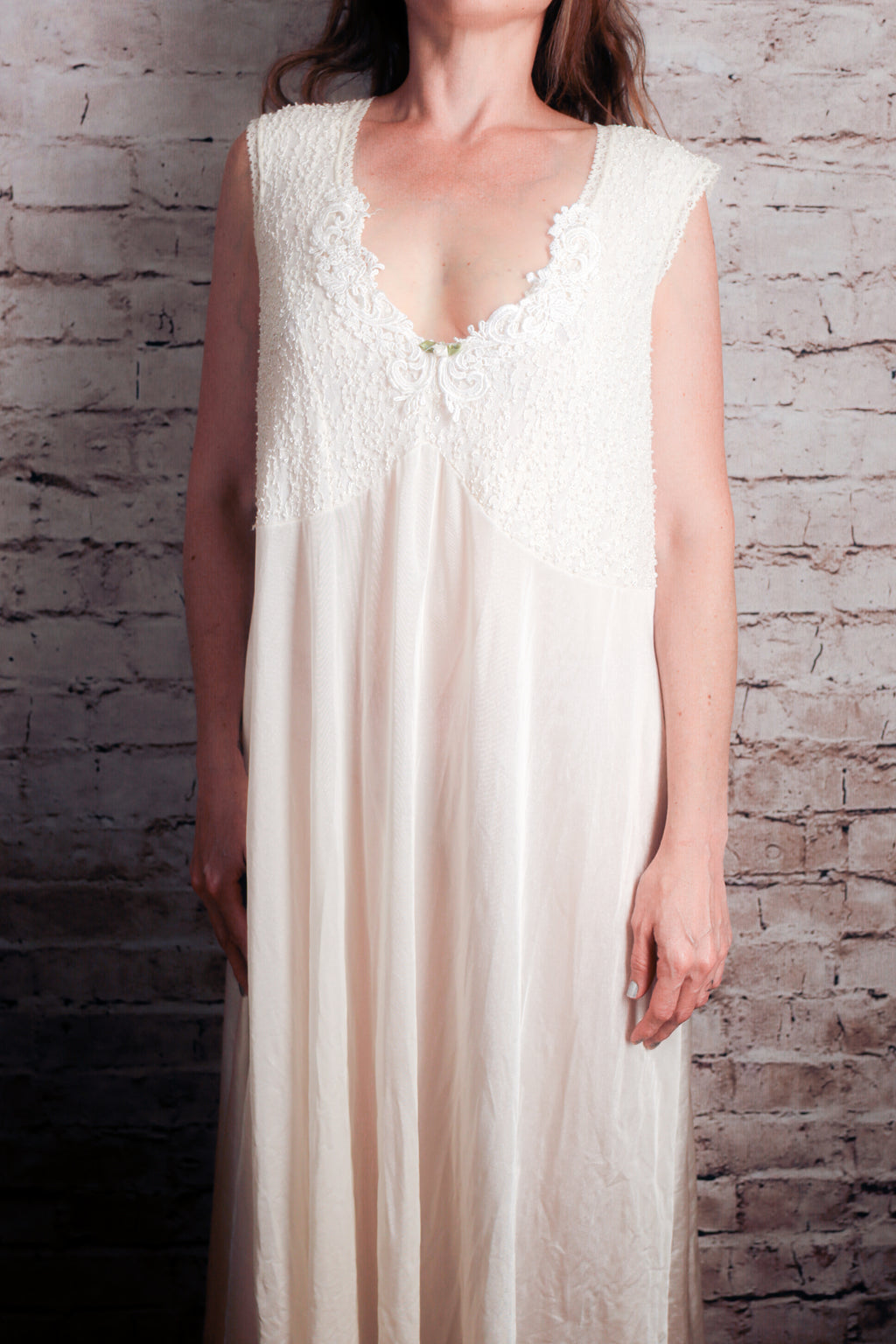 Delta Burke Vintage Satin Embroidered Lace Slip Dress Gown Peignoir Lingerie Ivory 1X XL