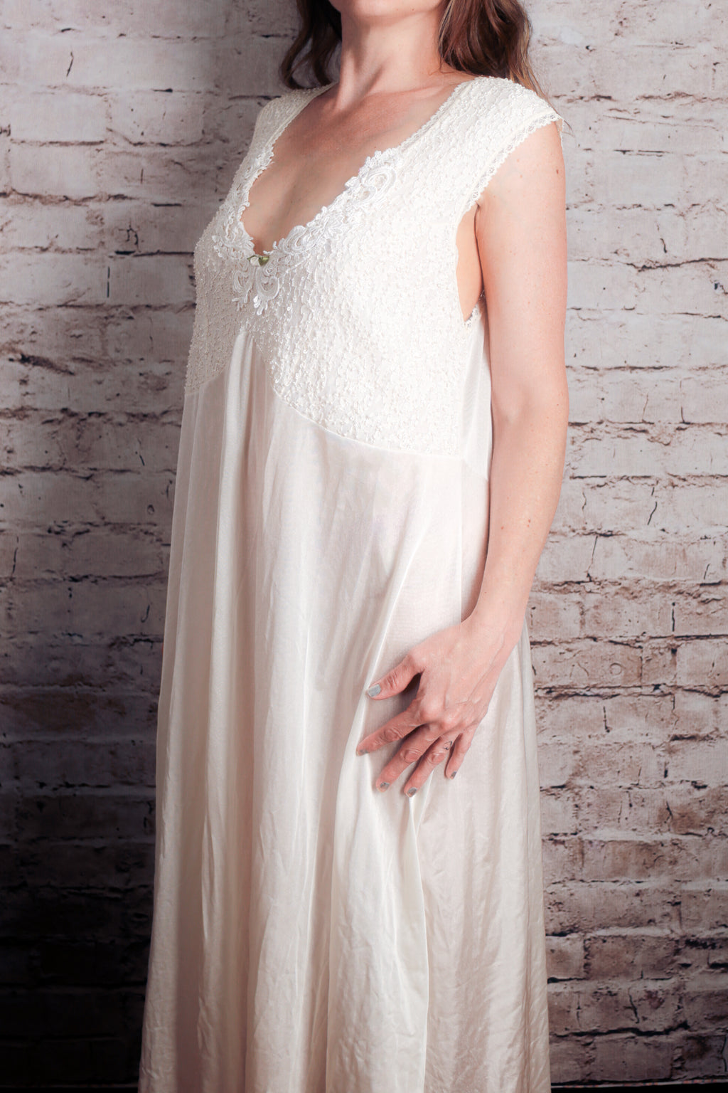 Delta Burke Vintage Satin Embroidered Lace Slip Dress Gown Peignoir Lingerie Ivory 1X XL