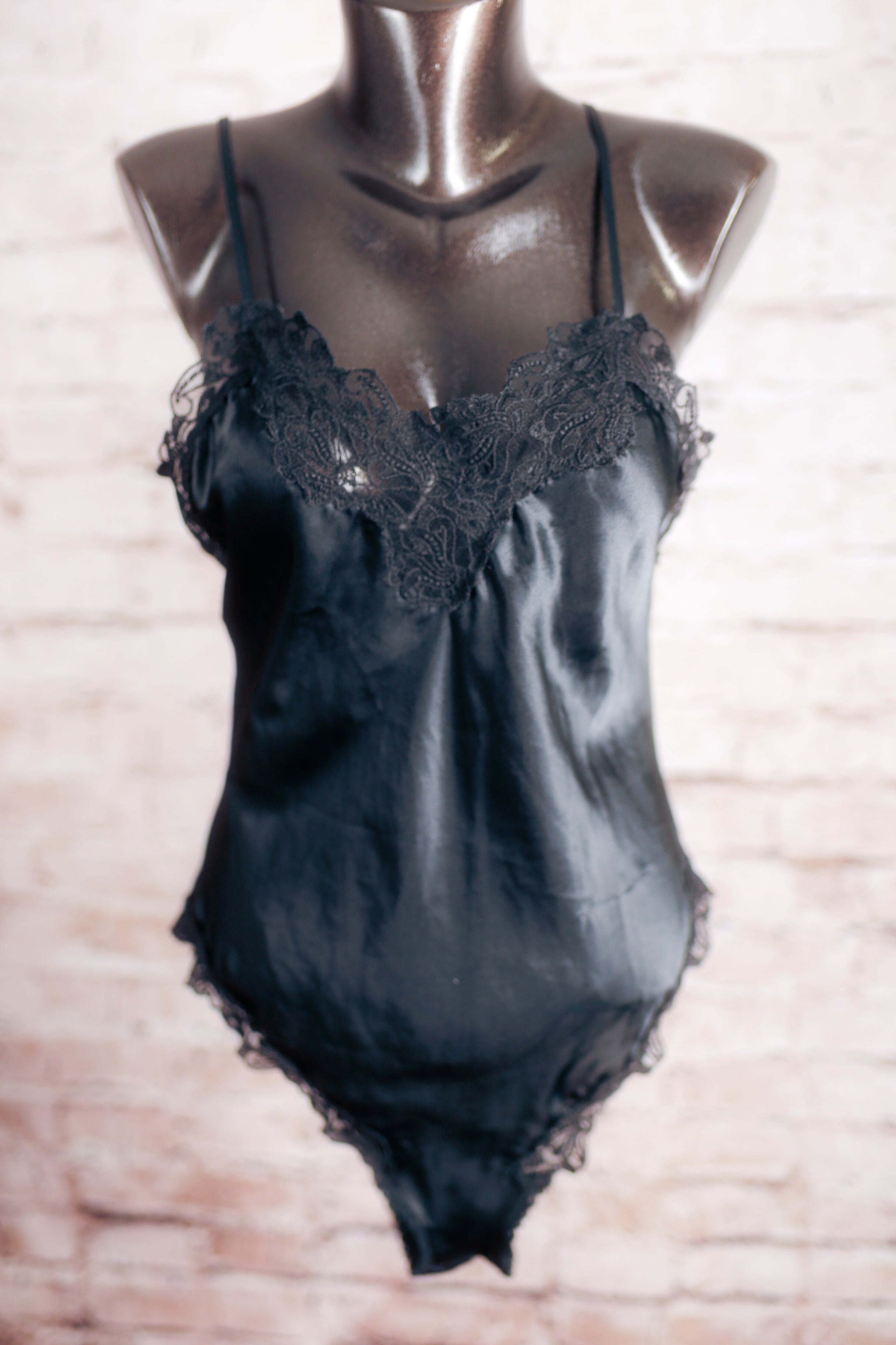 Victoria's Secret Vintage 80s Gold Label Satin Lingerie Teddy Medium Black