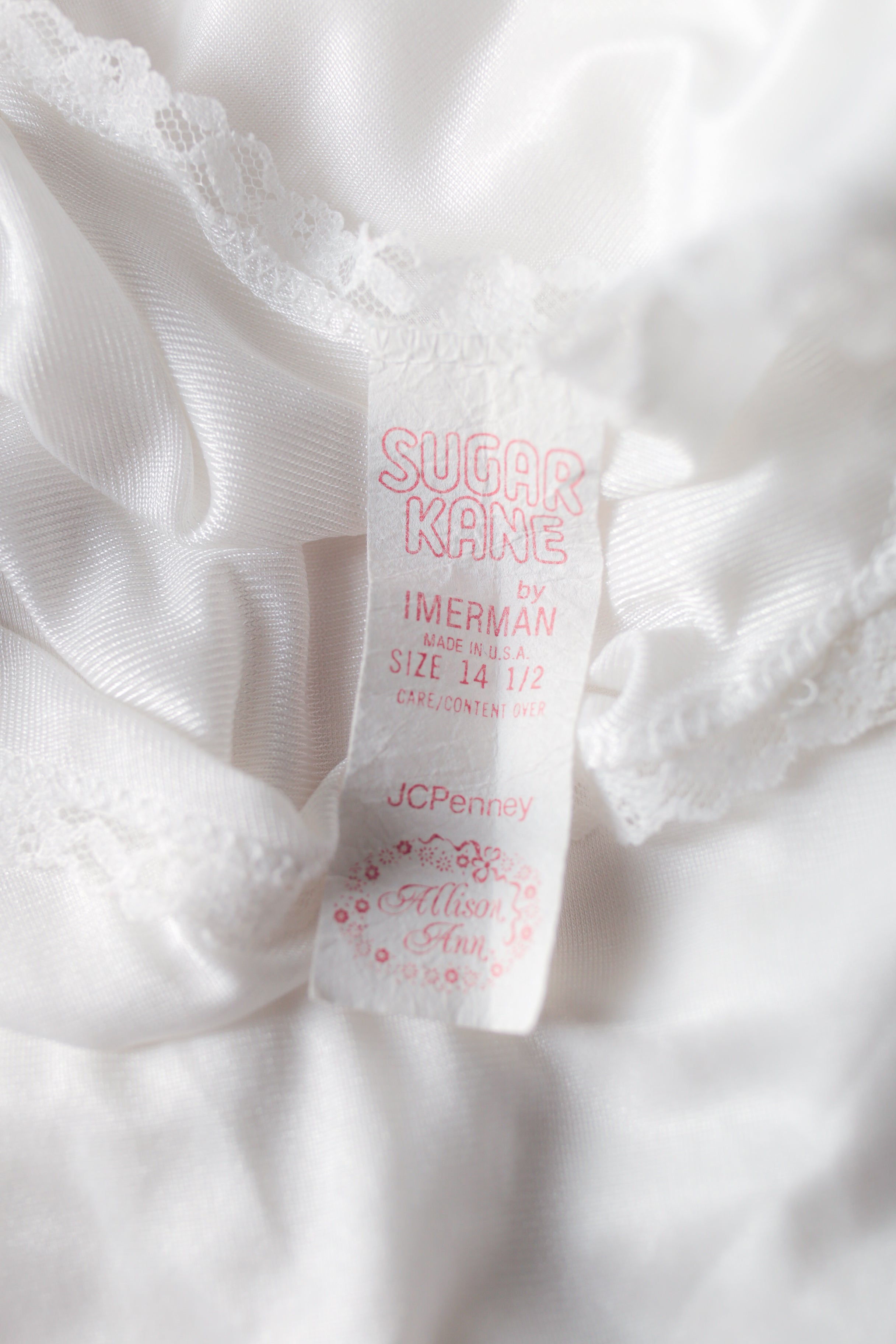 Imerman Sugar Kane Vintage 70s Girls Teen Satin Lace Trim Elegant Skirted Full Slip 14 1/2 Large Bridal White