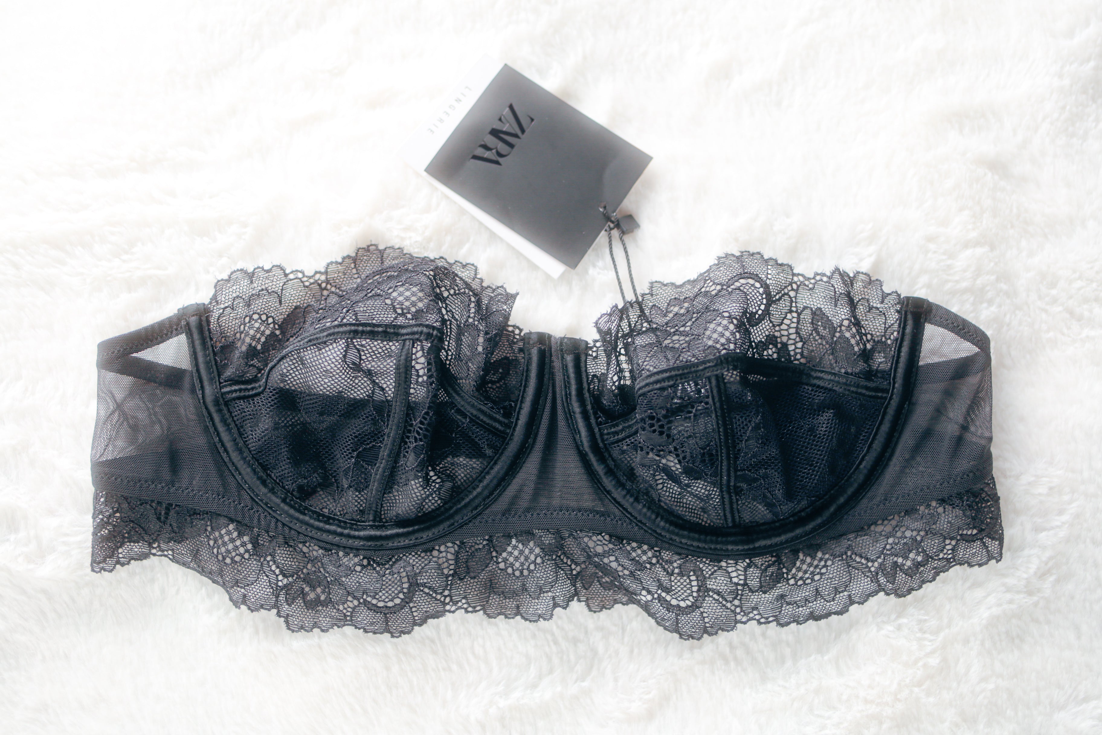 Zara Lingerie Unlined Lace Underwire Strapless Balconette Bra Black 34B NEW