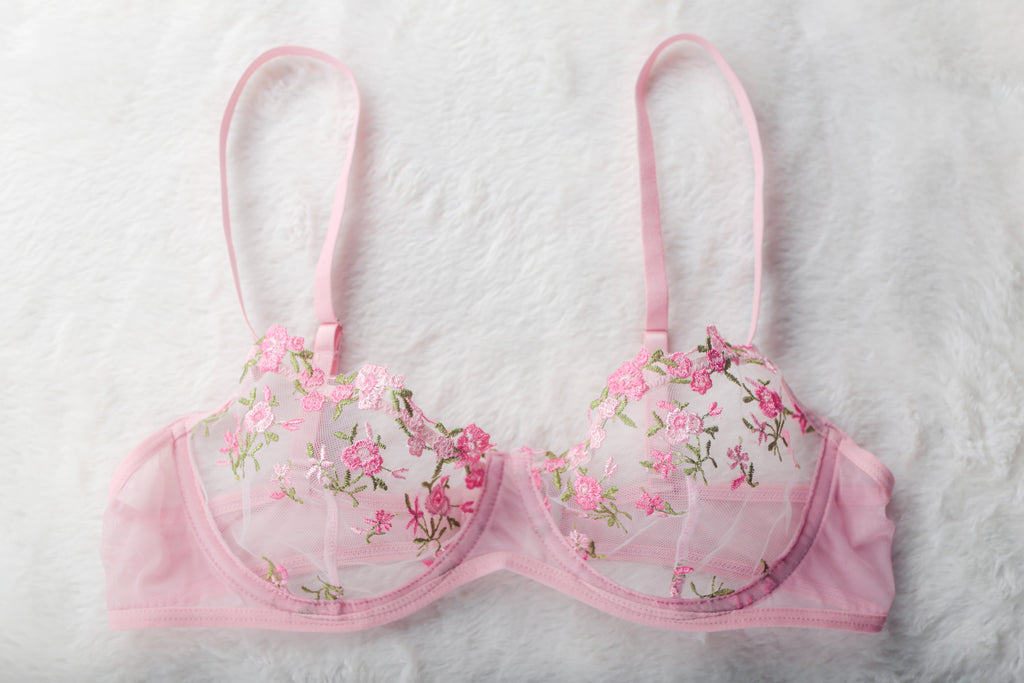 Pink Fairy Floral Embroidered Sheer Mesh Sexy Underwire Bra Large