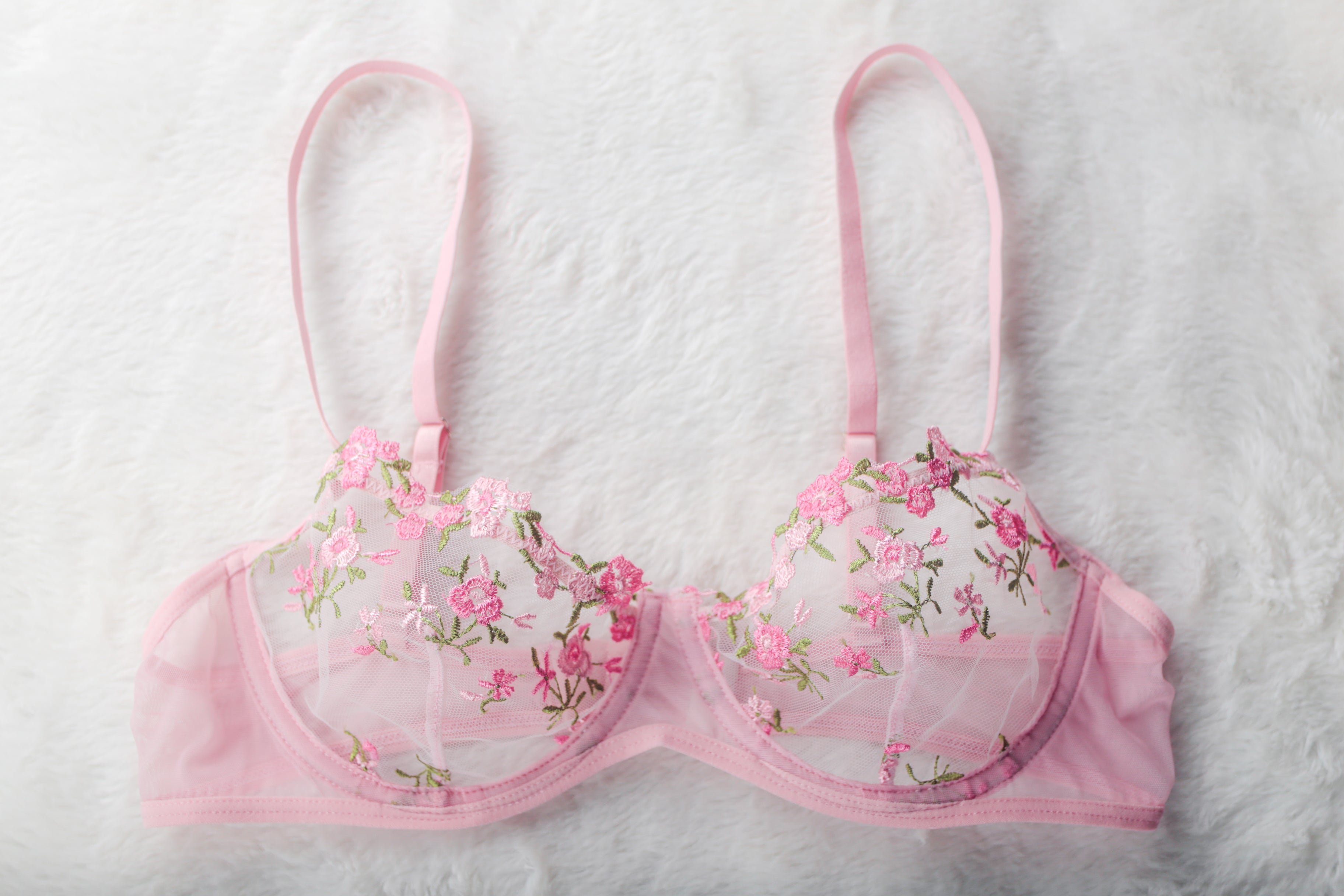 Pink Fairy Floral Embroidered Sheer Mesh Sexy Underwire Bra Large