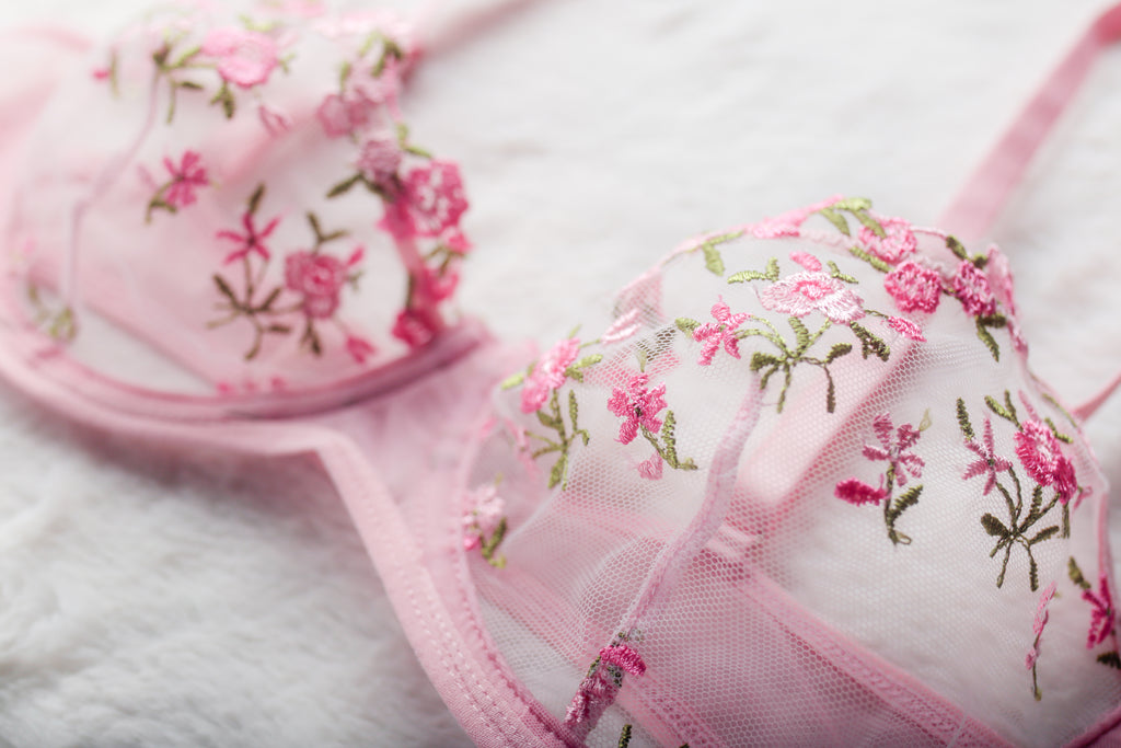 Pink Fairy Floral Embroidered Sheer Mesh Sexy Underwire Bra Large