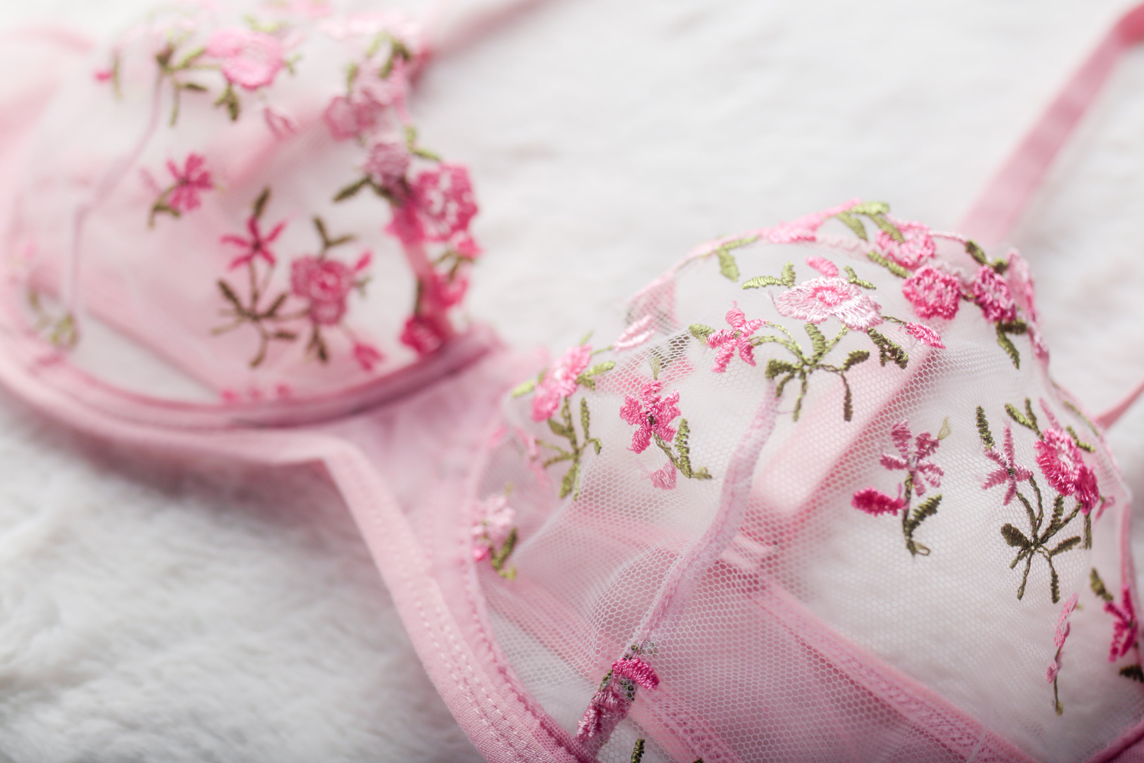 Pink Fairy Floral Embroidered Sheer Mesh Sexy Underwire Bra Large