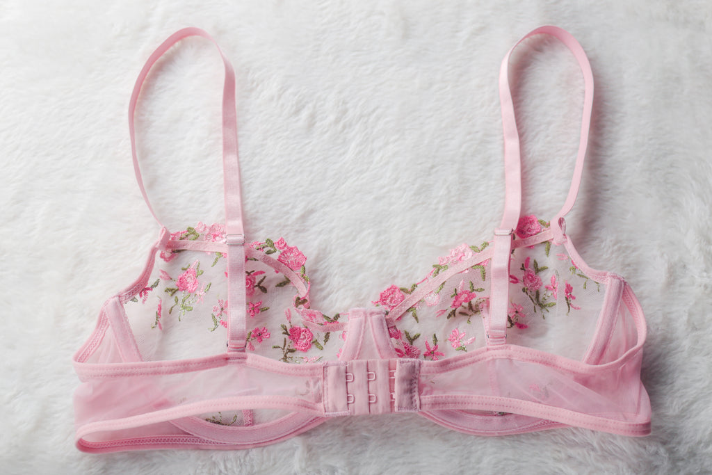 Pink Fairy Floral Embroidered Sheer Mesh Sexy Underwire Bra Large