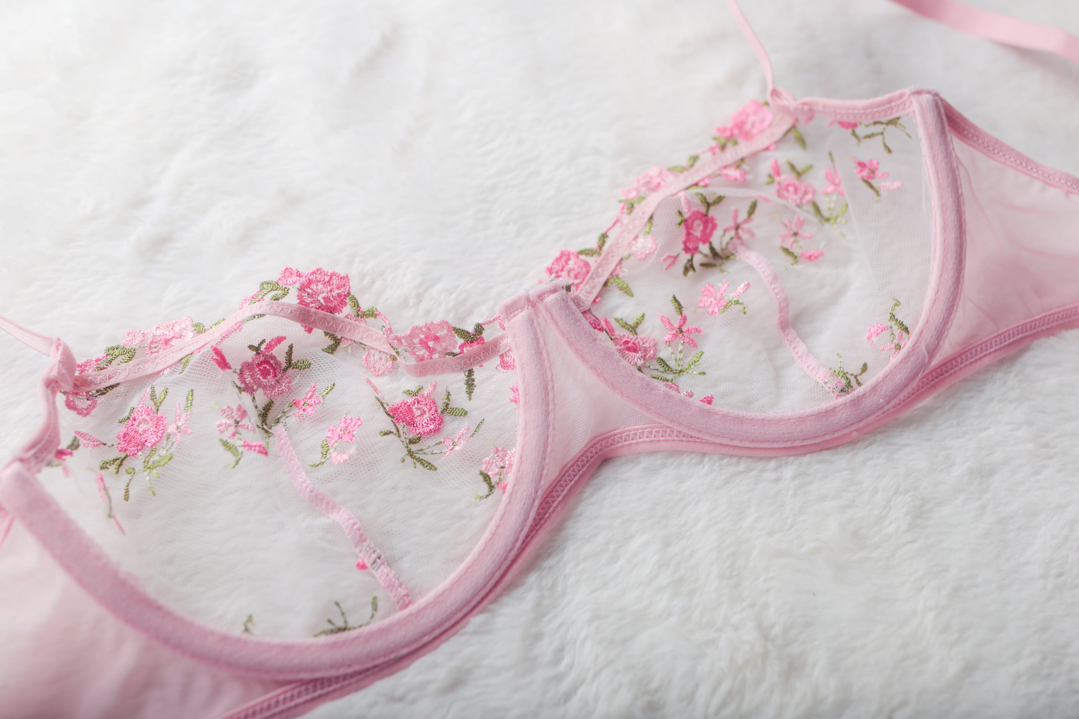 Pink Fairy Floral Embroidered Sheer Mesh Sexy Underwire Bra Large